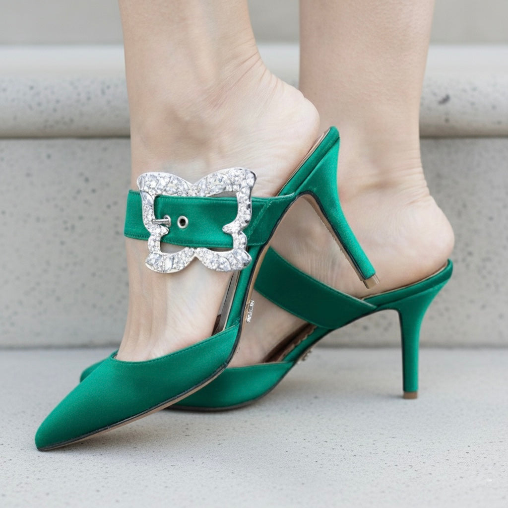 Anais Green Satin Butterfly Buckle Mule
