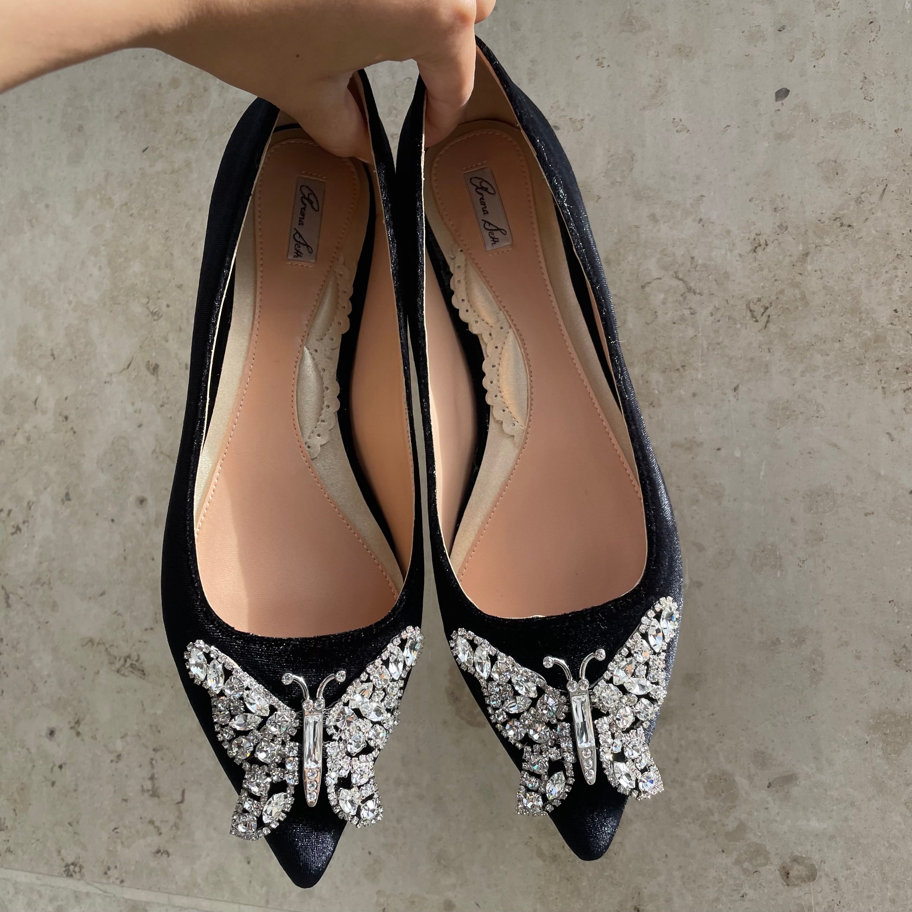 Eliana Butterfly Pointy Flats Black Velvet