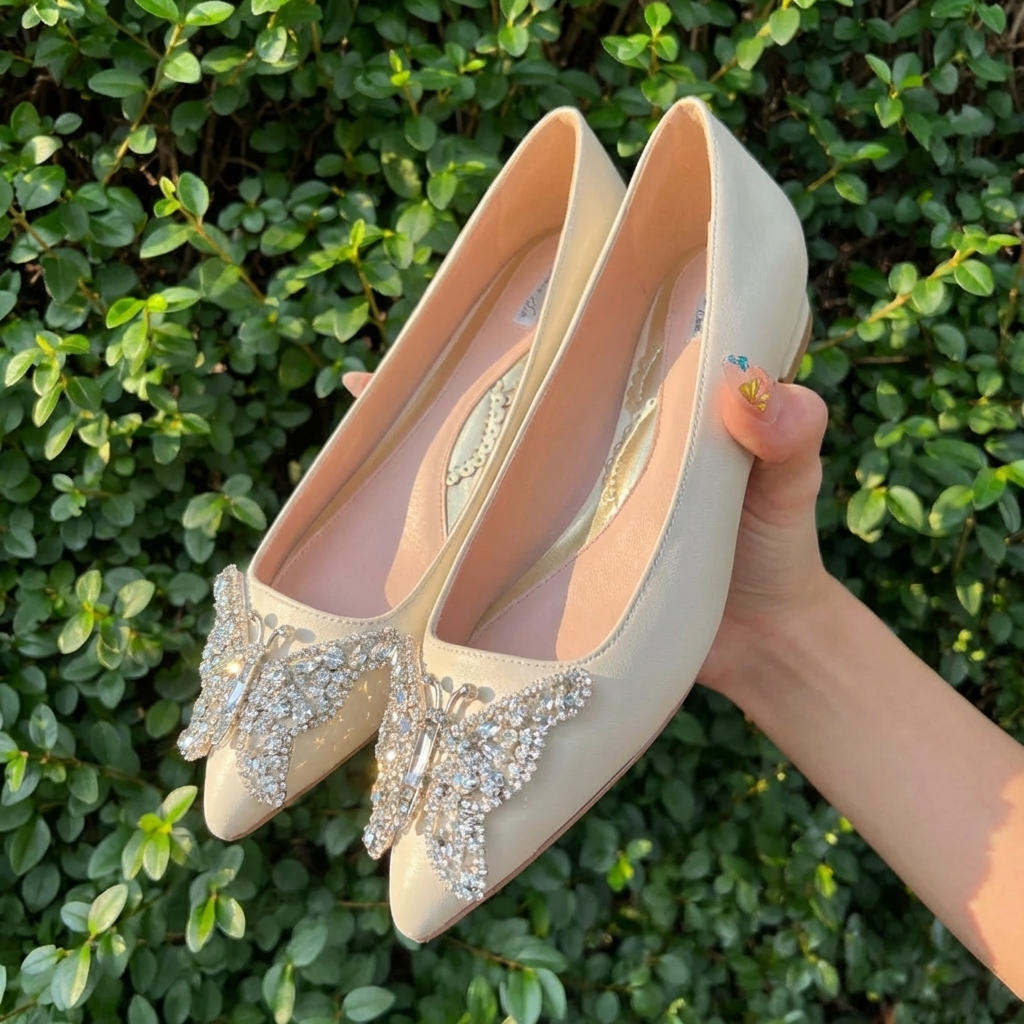 Eliana Butterfly Pointy Flats Vegan Ivory Leather