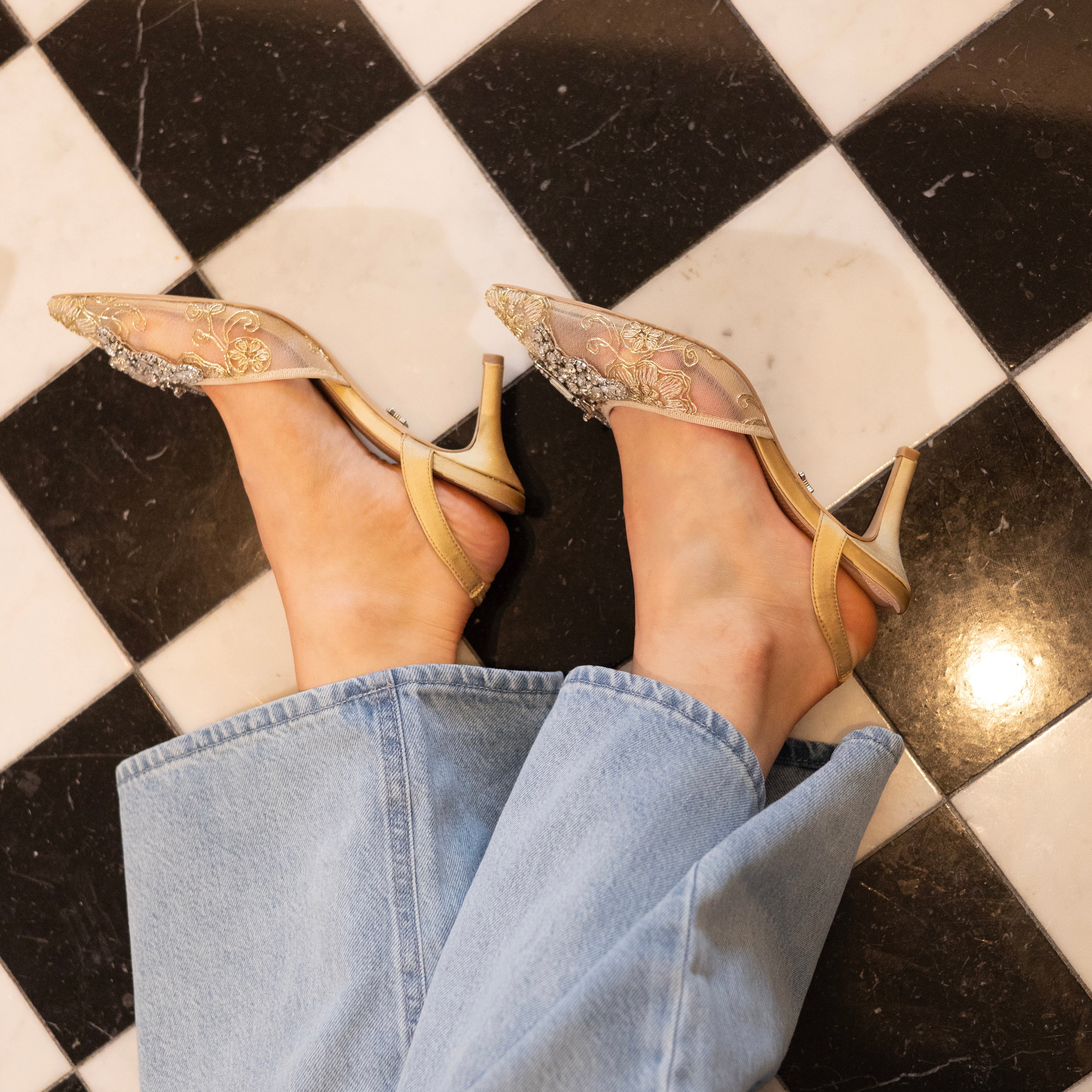 LOVE BUTTERFLY SLINGBACK HEELS GOLD LACE