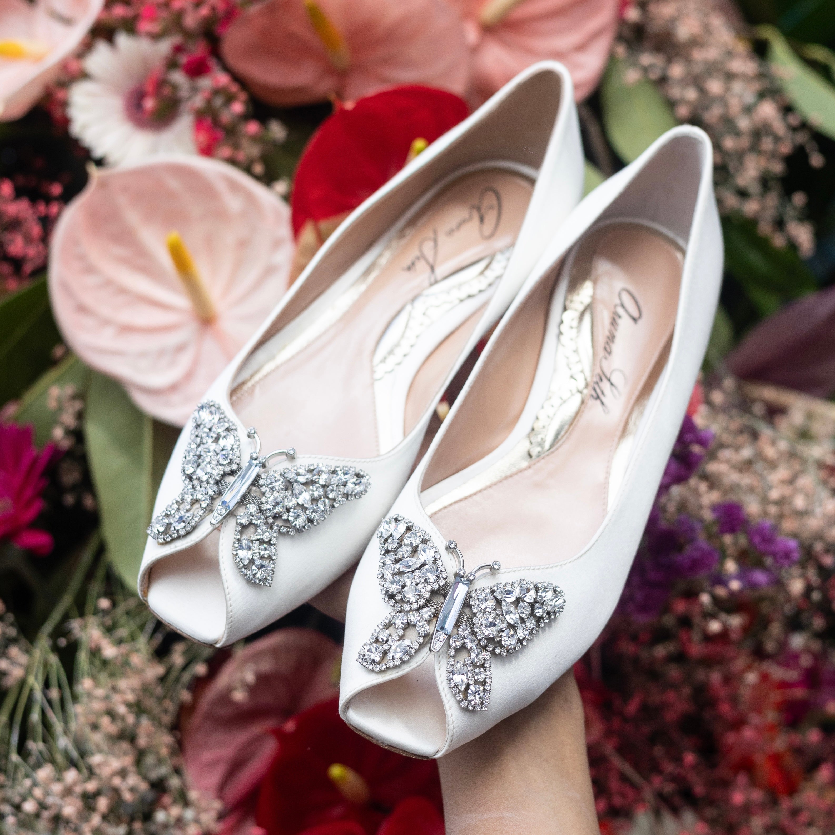 Liana Butterfly Open Toe Flats Ivory Satin
