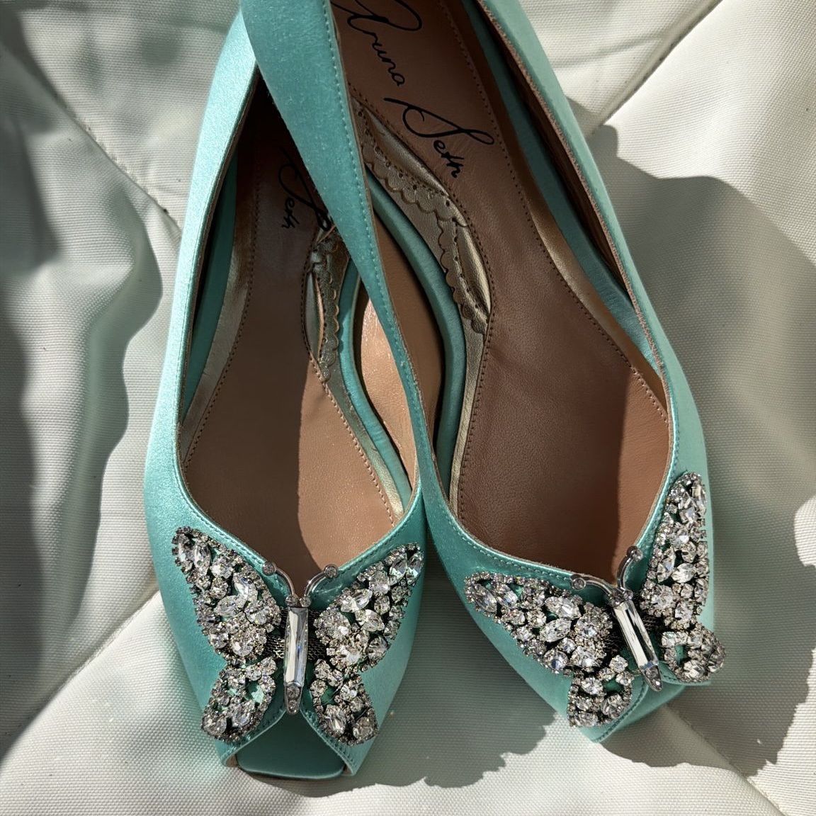 Liana Butterfly Open Toe Flats Tiffany Blue Satin