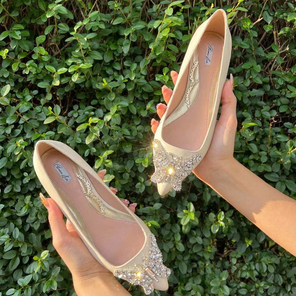 Eliana Butterfly Pointy Flats Vegan Ivory Leather