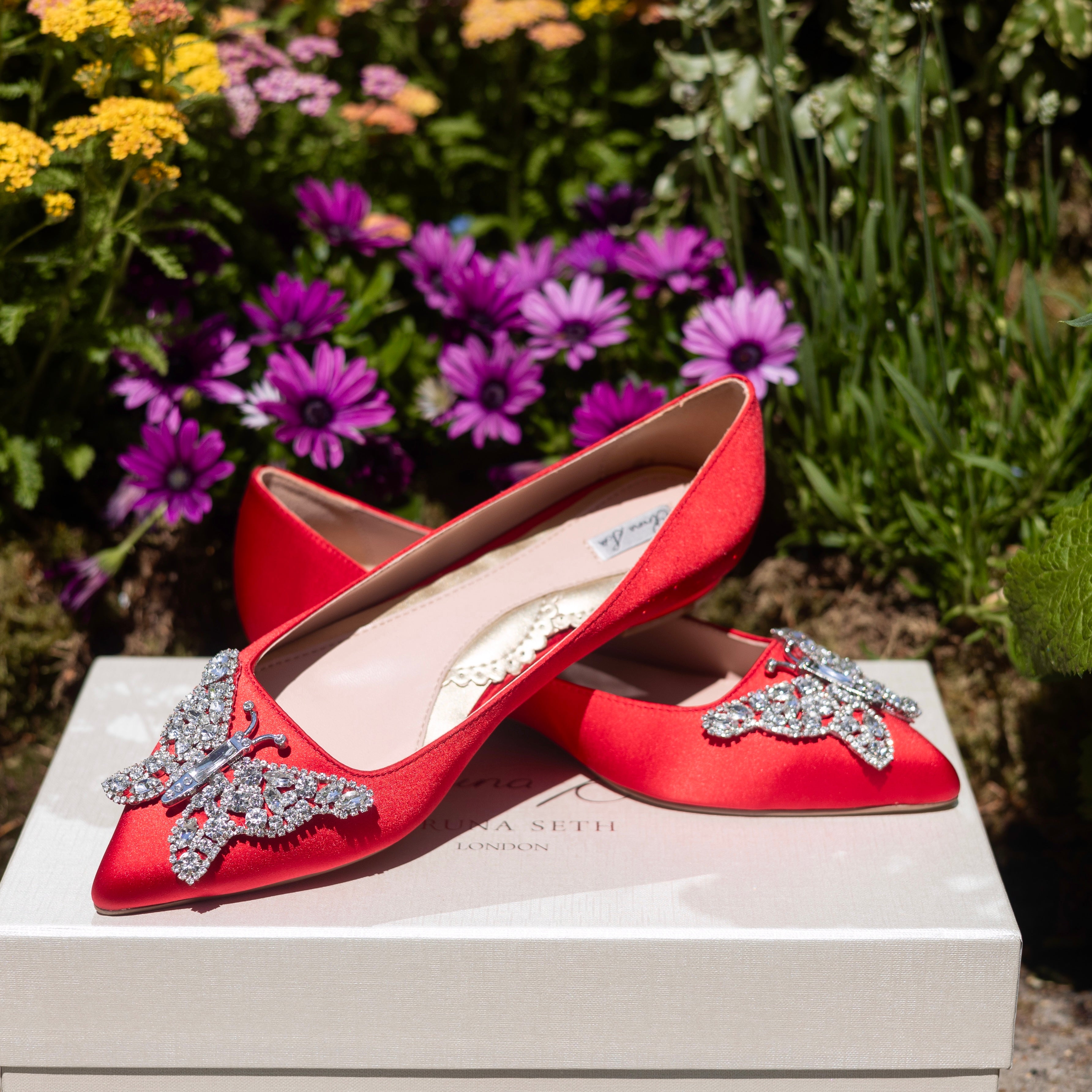Eliana Butterfly Pointy Flats Red Satin
