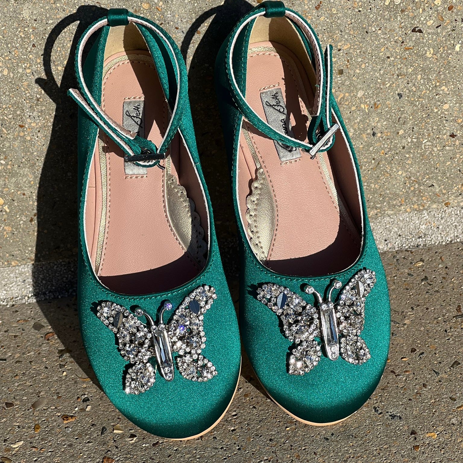 Angelina Butterfly Girls Shoes Emerald Green Satin