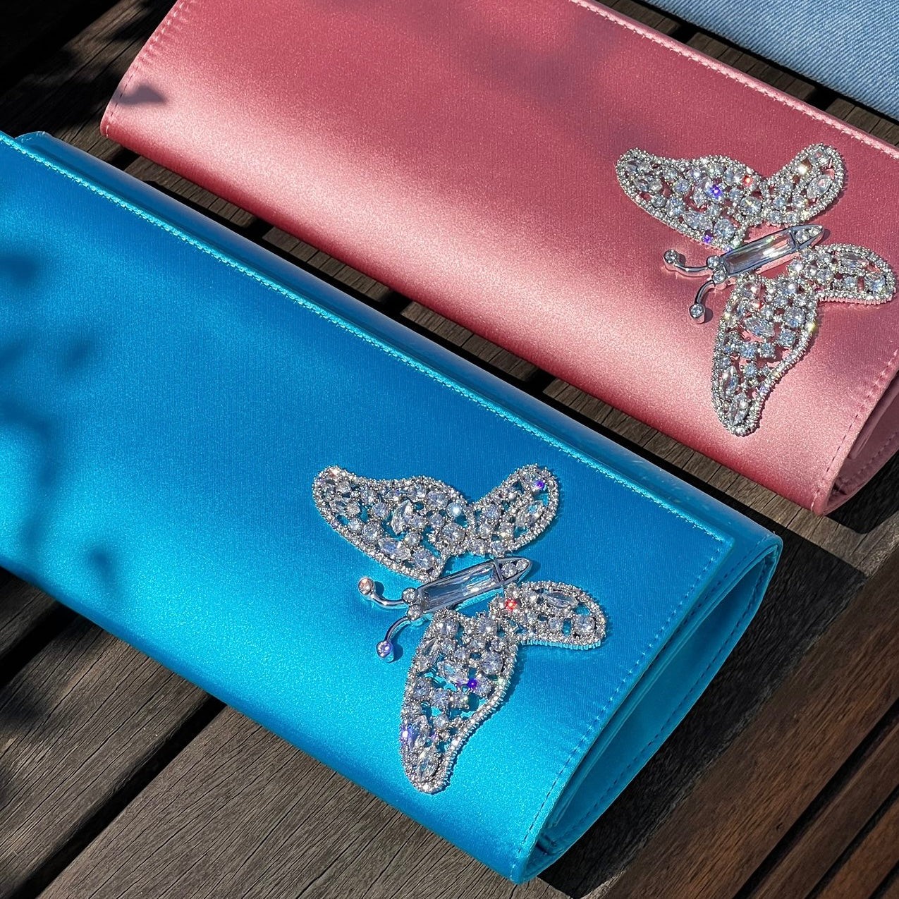 Azura Blue Satin Butterfly Clutch Bag