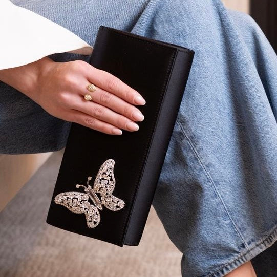 Butterfly Black Satin Clutch Bag