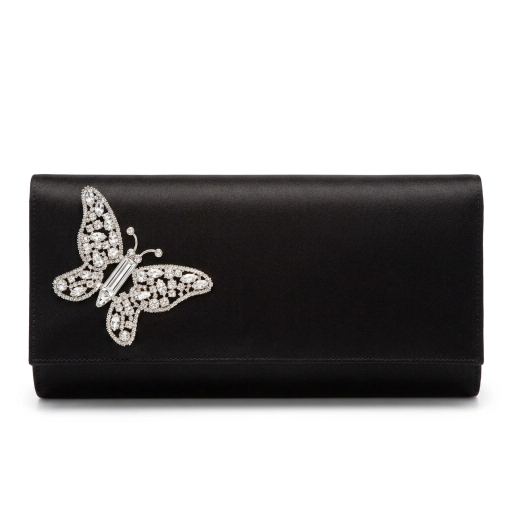 Butterfly Black Satin Clutch Bag