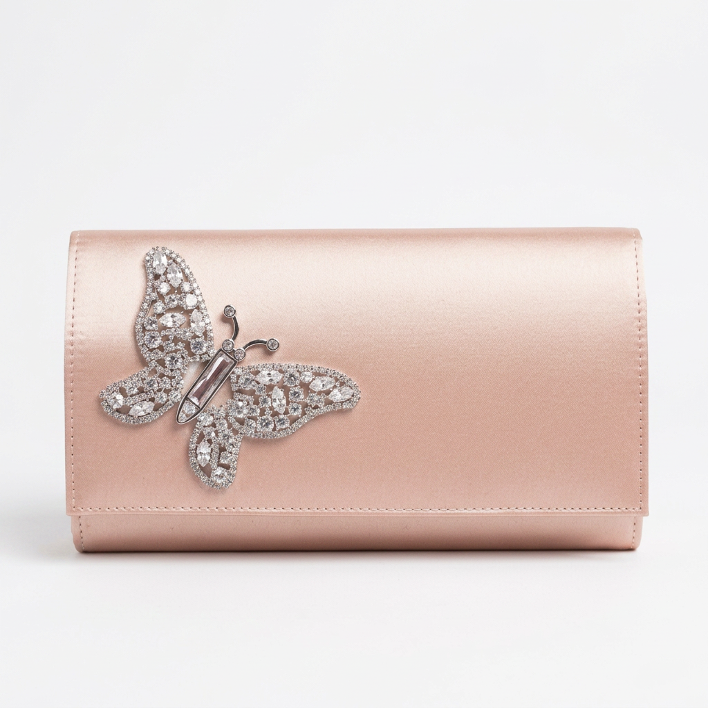 Pale Pink Satin Butterfly Clutch Bag