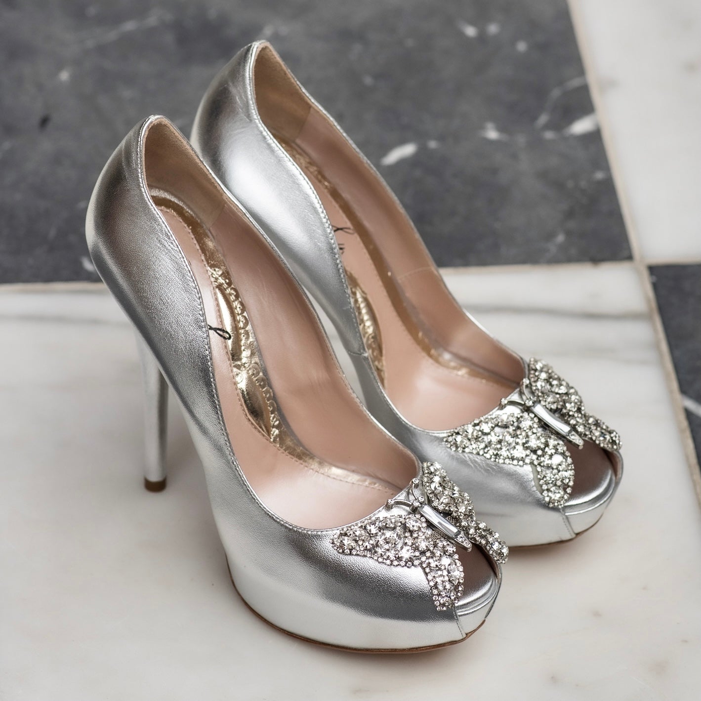 Sky Open Toe Silver Leather Platform 130mm