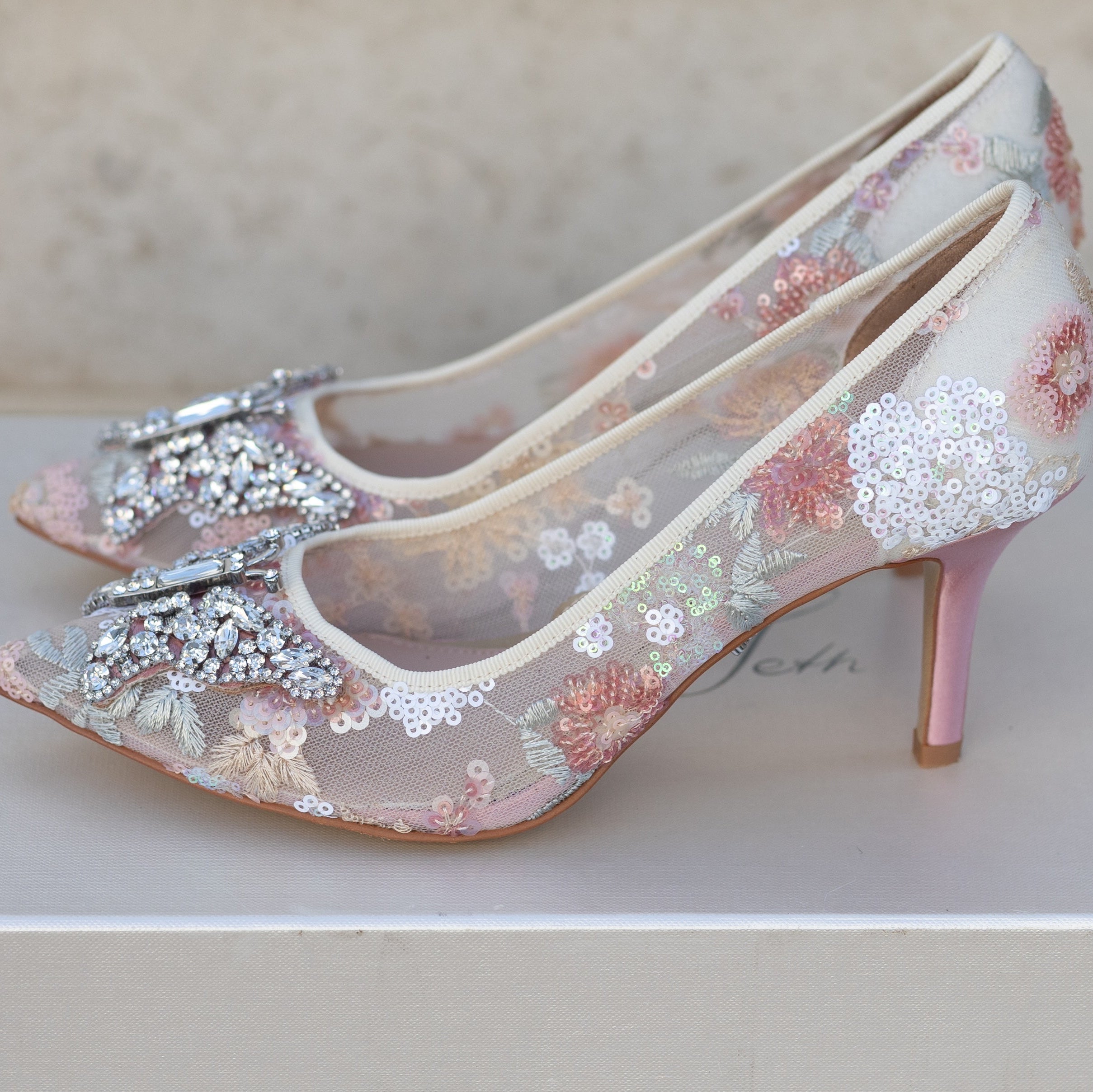 Emilia Butterfly Heels Beaded Floral Lace