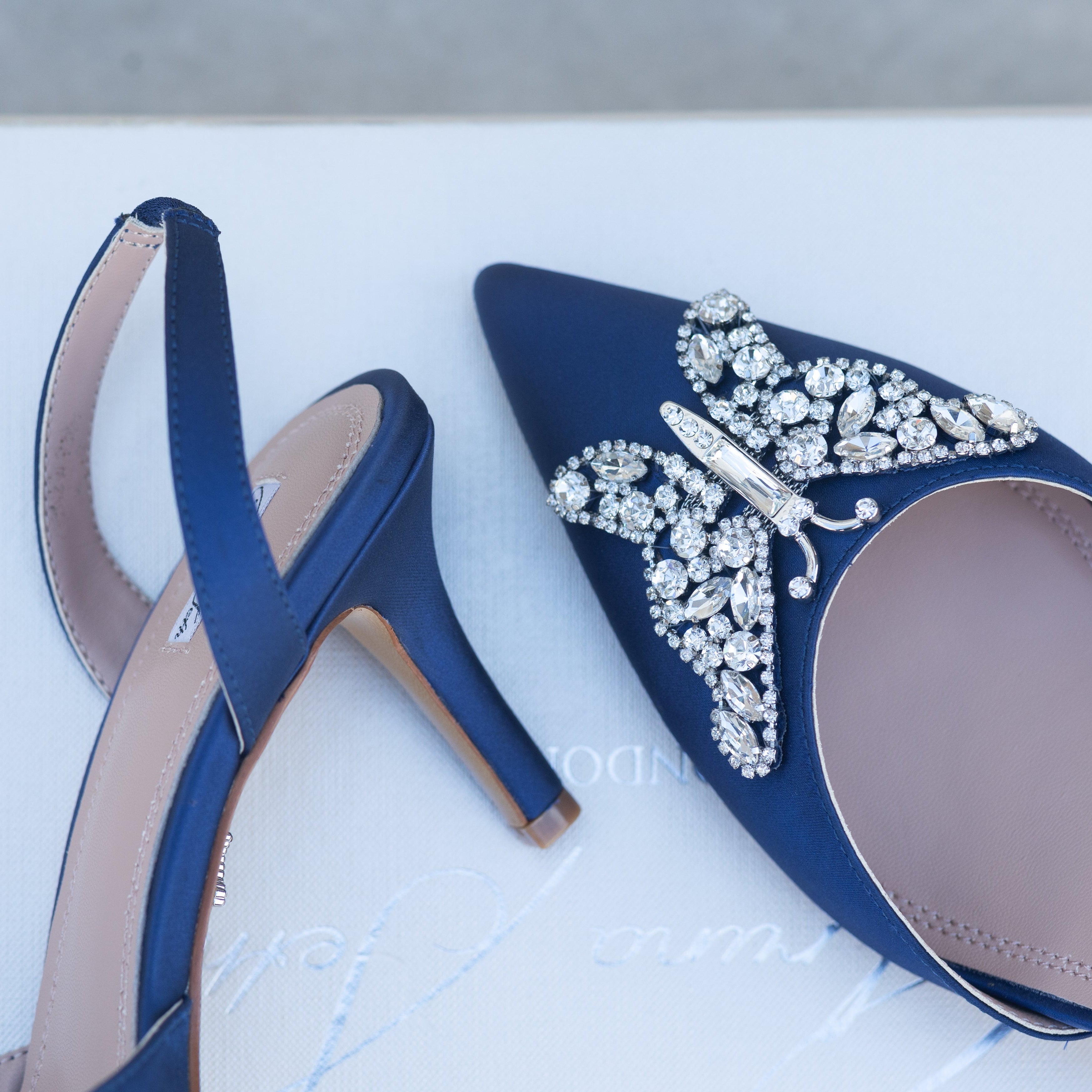 Love Butterfly Slingback Heels Navy Blue Satin