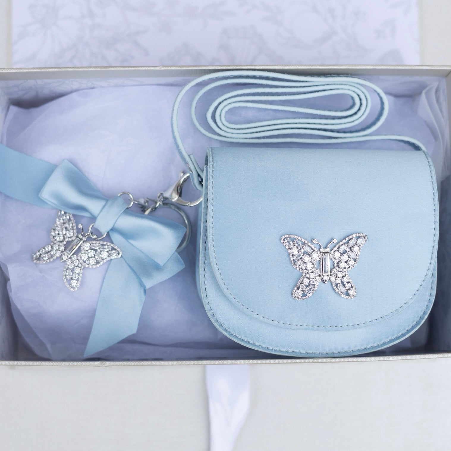 Luna Mini Butterfly Powder Blue Satin Bag