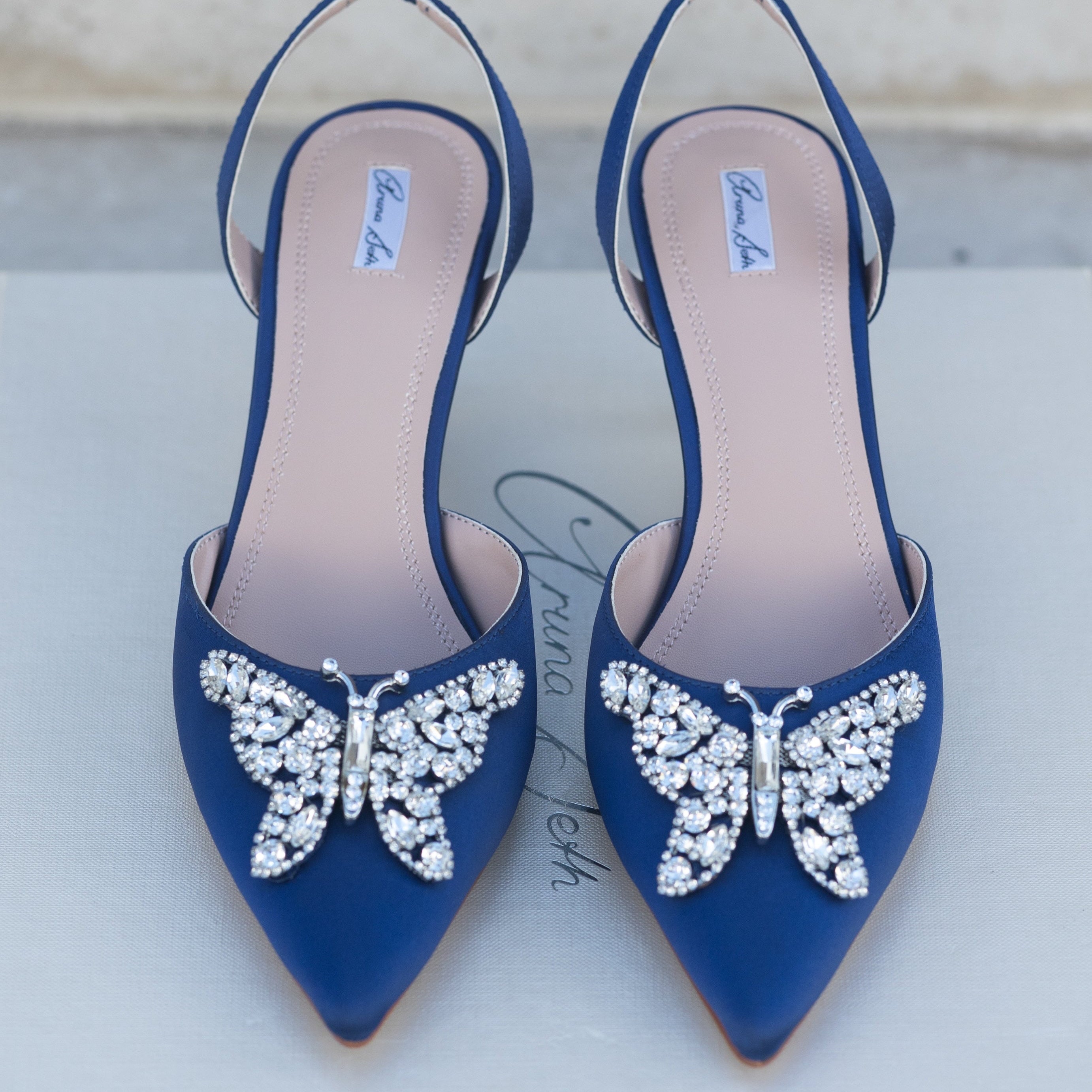 Love Butterfly Slingback Heels Navy Blue Satin