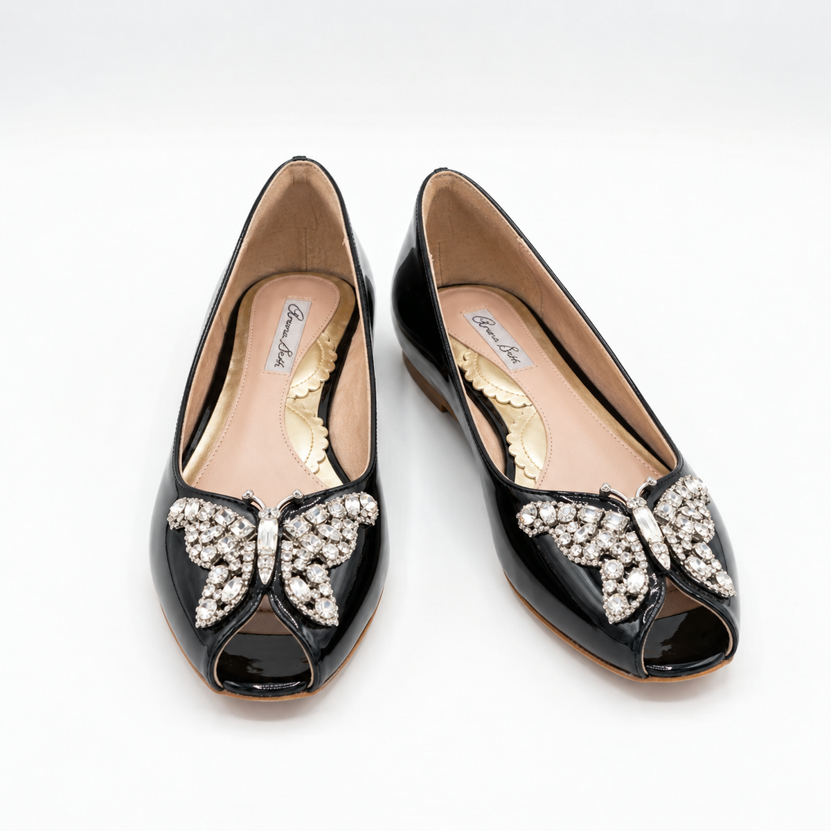 LIANA BUTTERFLY OPEN TOE FLATS BLACK PATENT BALLERINAS
