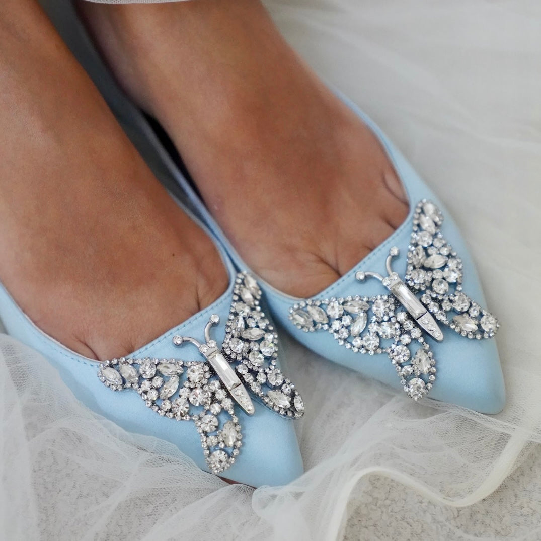 ELIANA BUTTERFLY POINTY FLATS POWDER BLUE SATIN