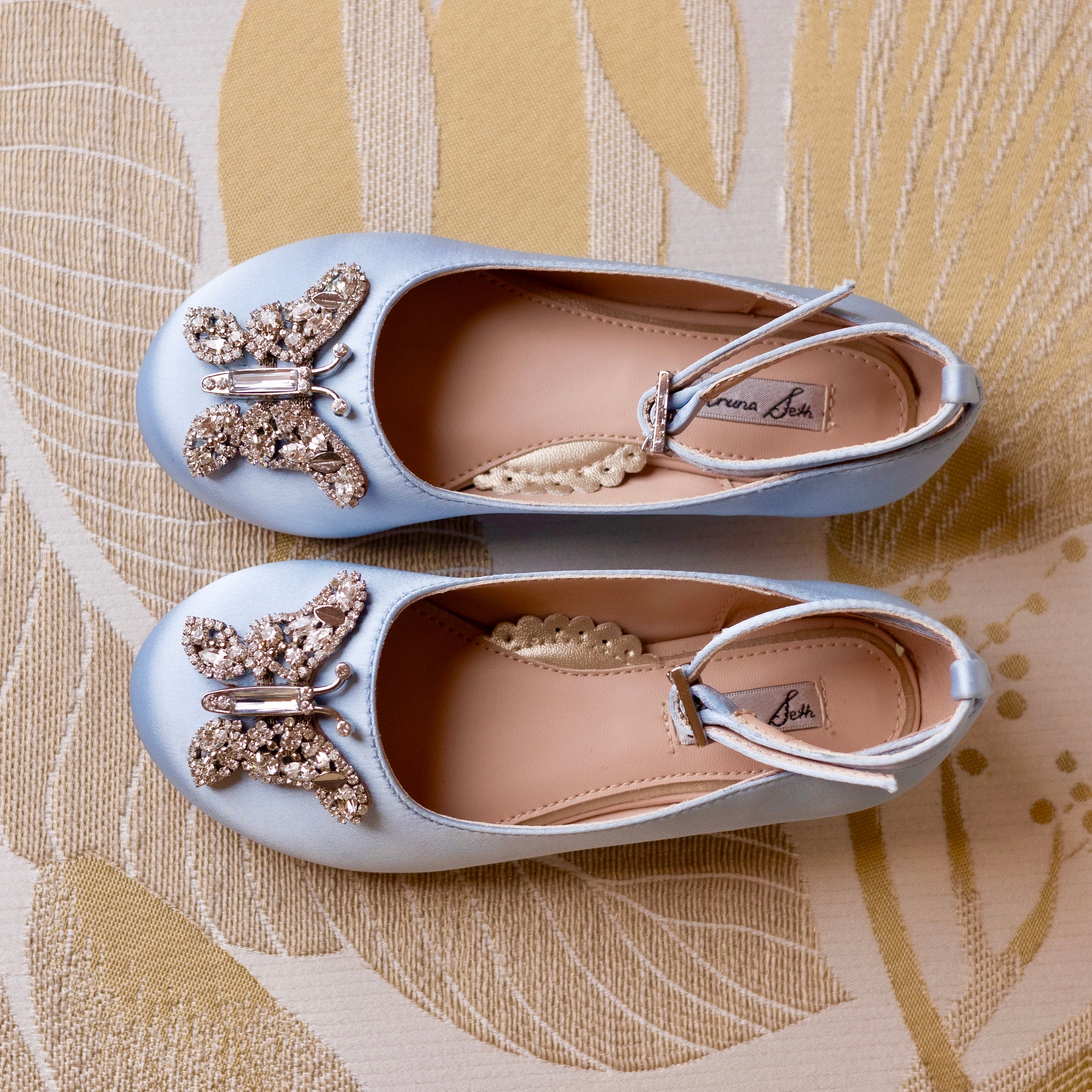 Bridal blue flower girl shoes from the luxury collection, handcrafted with attention to detail for weddings and special occasions.
