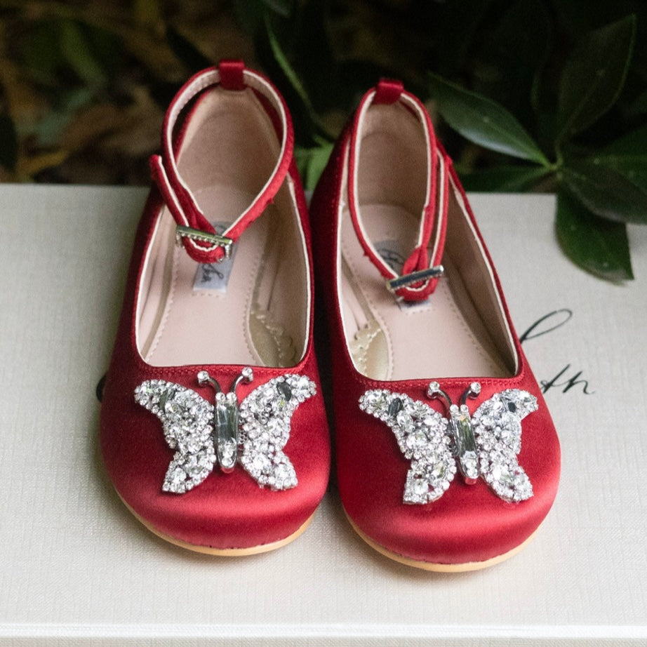 Angelina Butterfly Girls Shoes Burgundy Satin