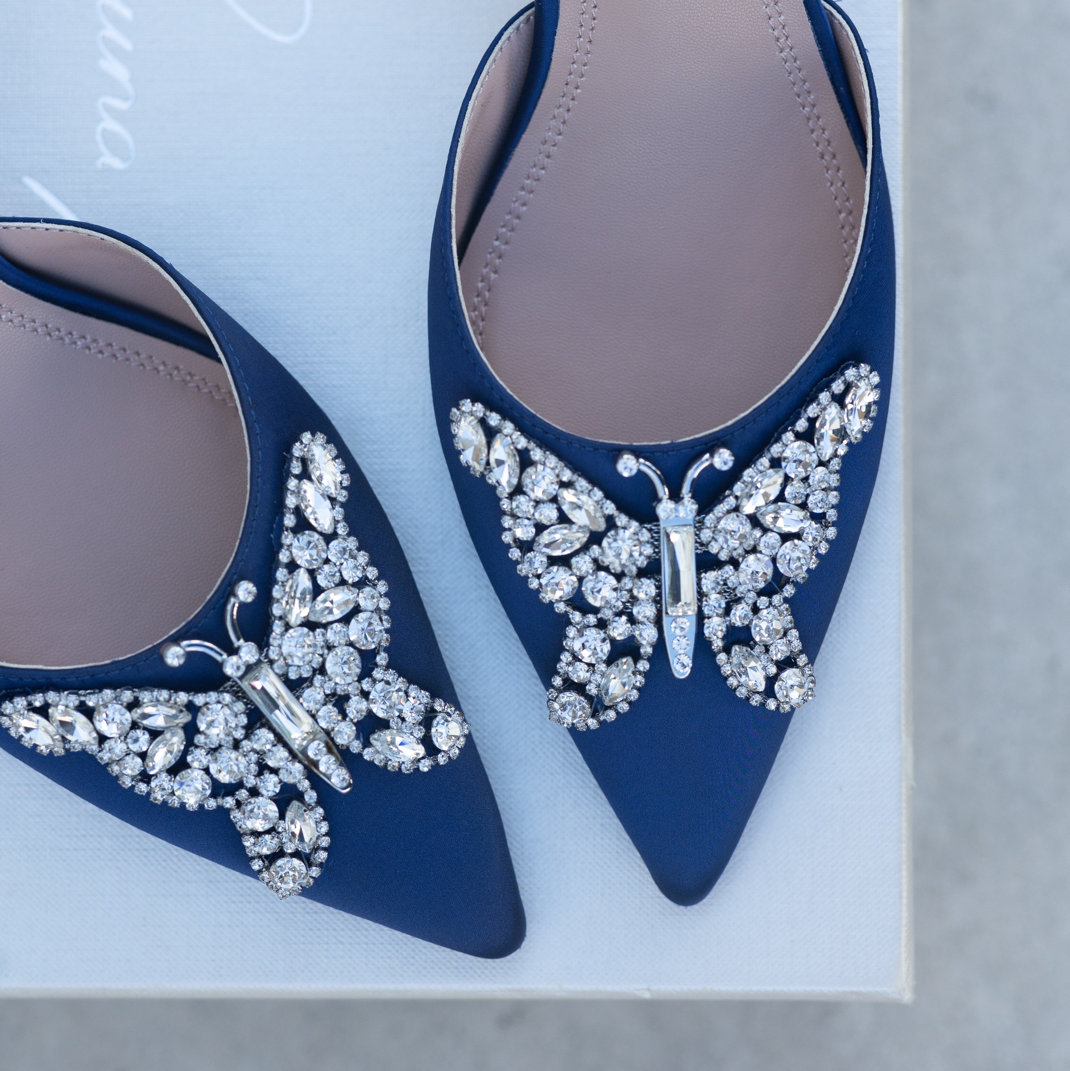 Love Butterfly Slingback Heels Navy Blue Satin