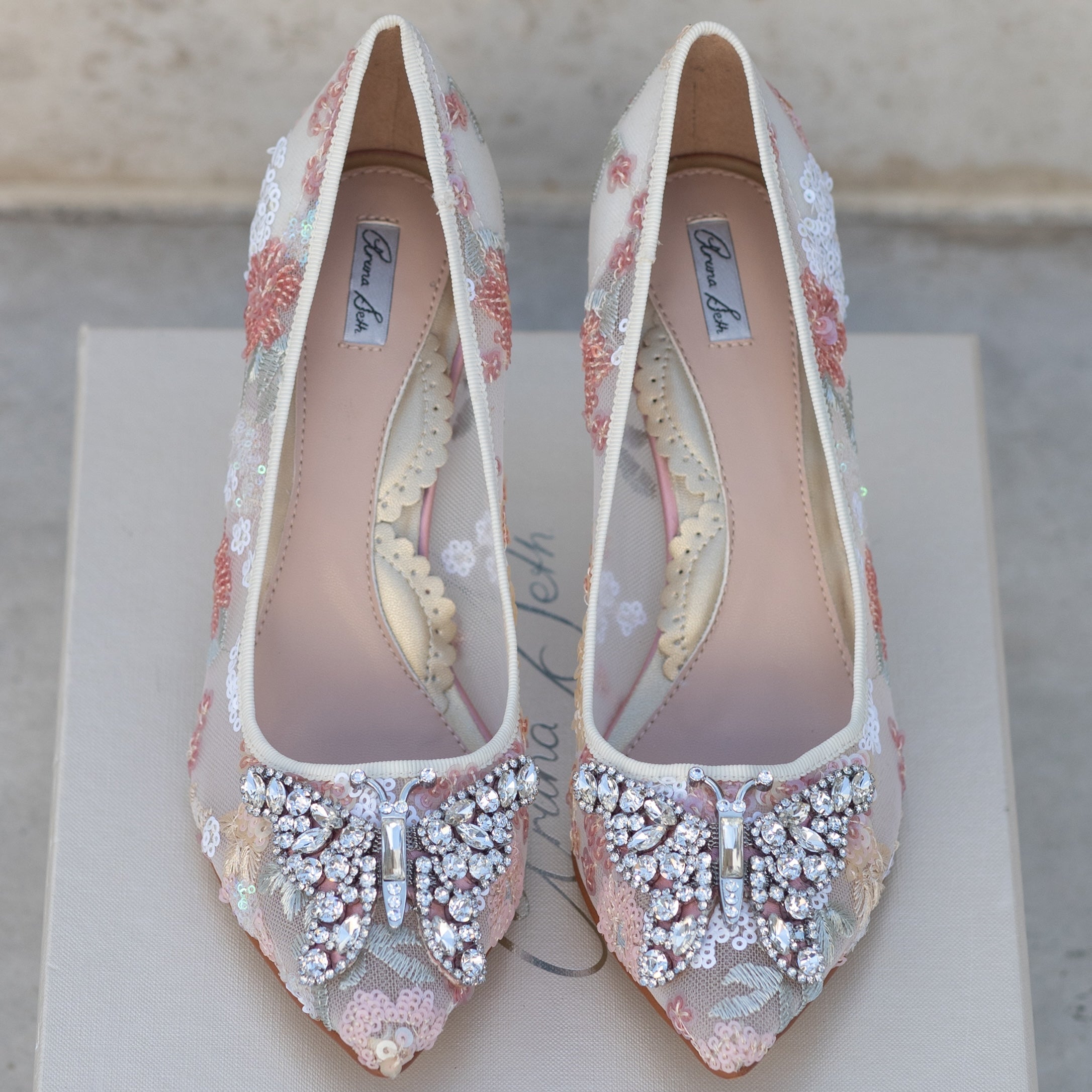 Emilia Butterfly Heels Beaded Floral Lace