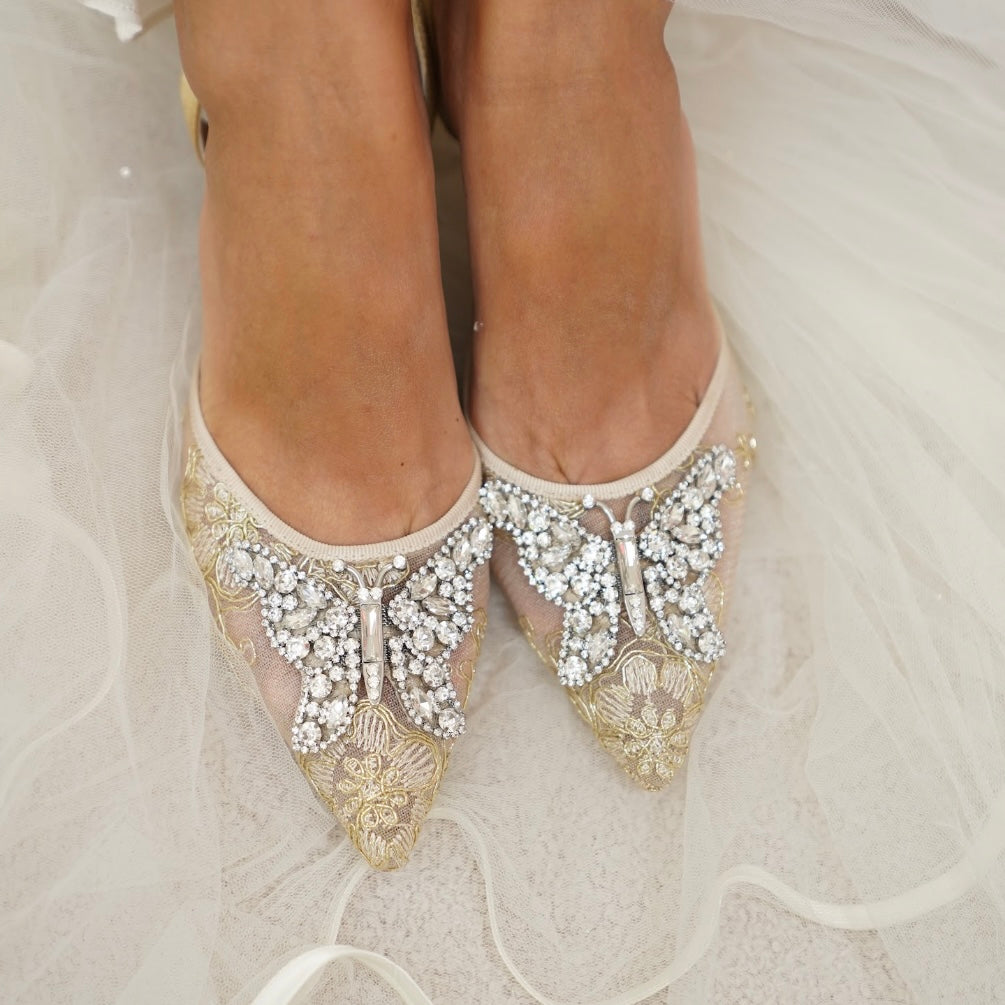 LOVE BUTTERFLY SLINGBACK HEELS GOLD LACE