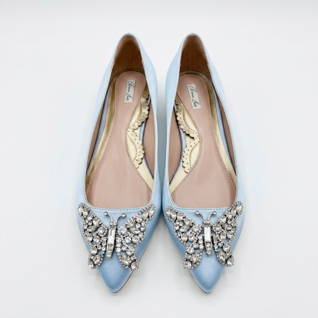 ELIANA BUTTERFLY POINTY FLATS POWDER BLUE SATIN