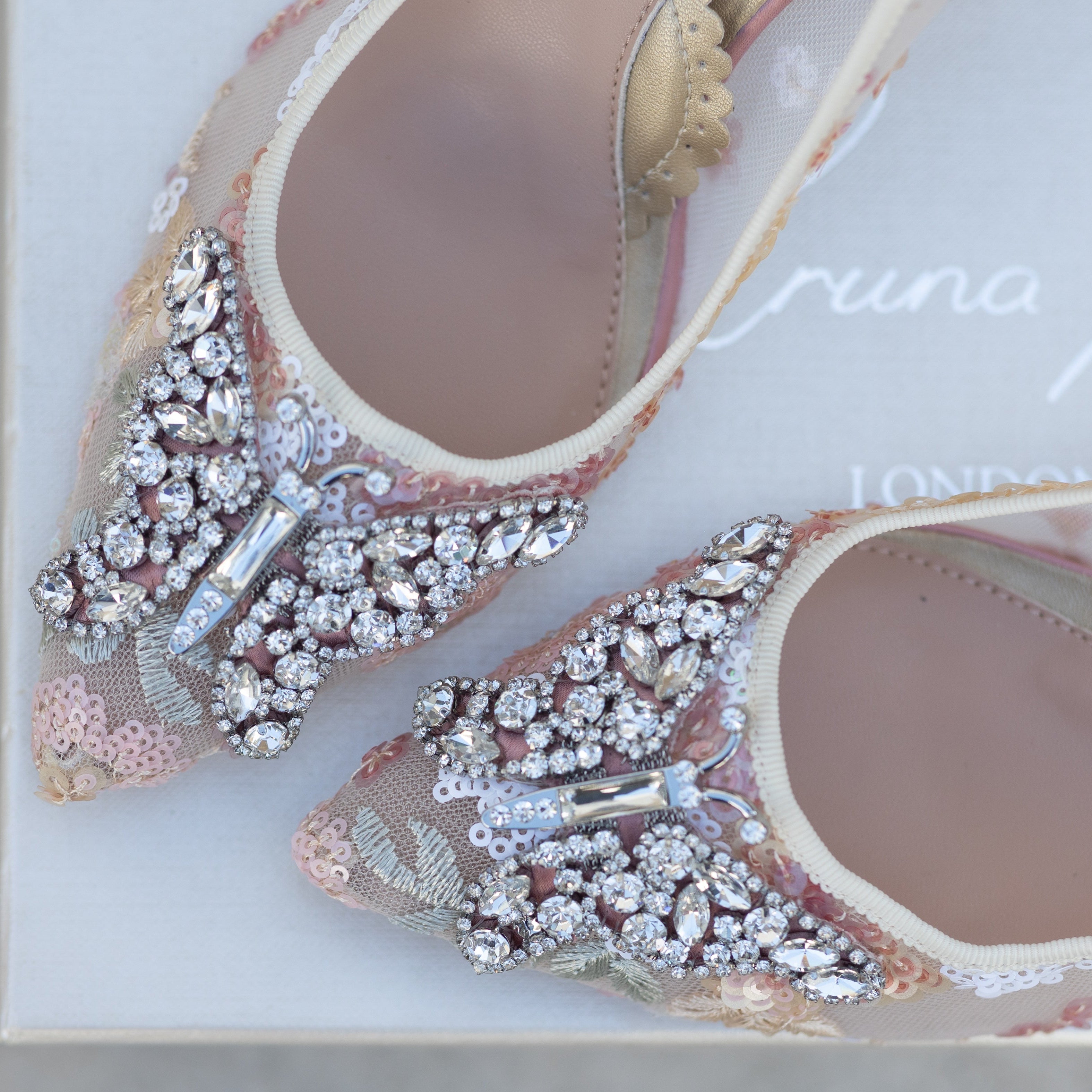 Emilia Butterfly Heels Beaded Floral Lace