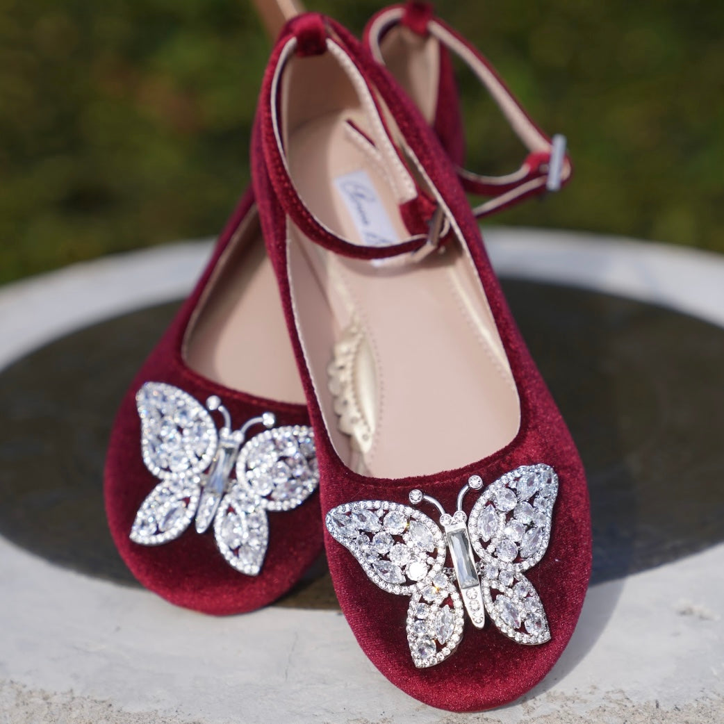 Angelina Butterfly Girls Shoes Burgundy Velvet
