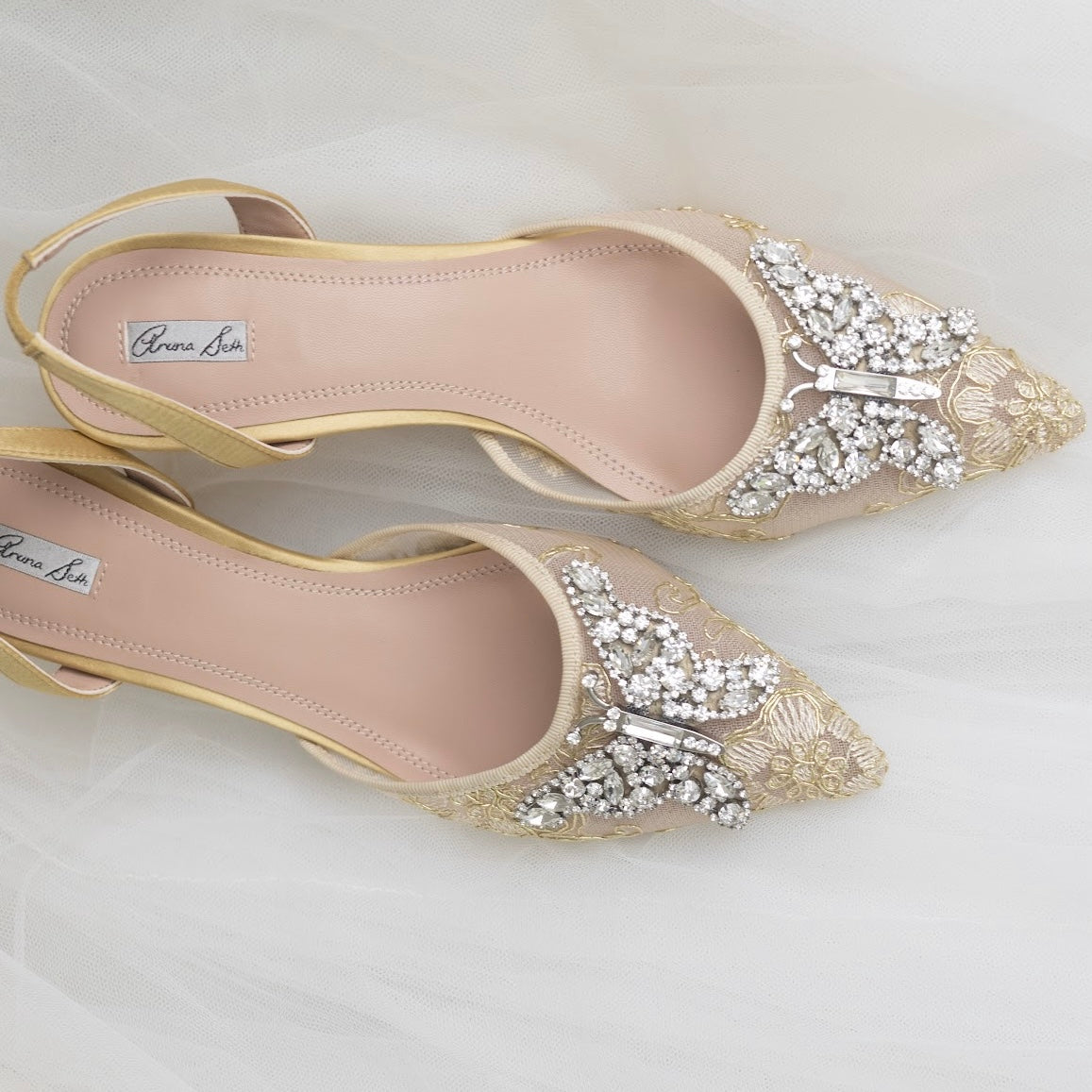 LOVE BUTTERFLY SLINGBACK HEELS GOLD LACE