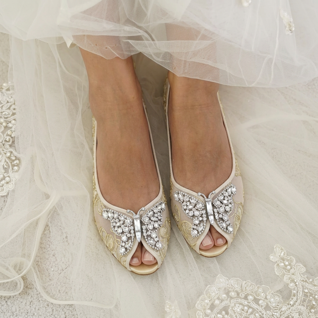 LIANA BUTTERFLY OPEN TOE FLATS GOLD LACE