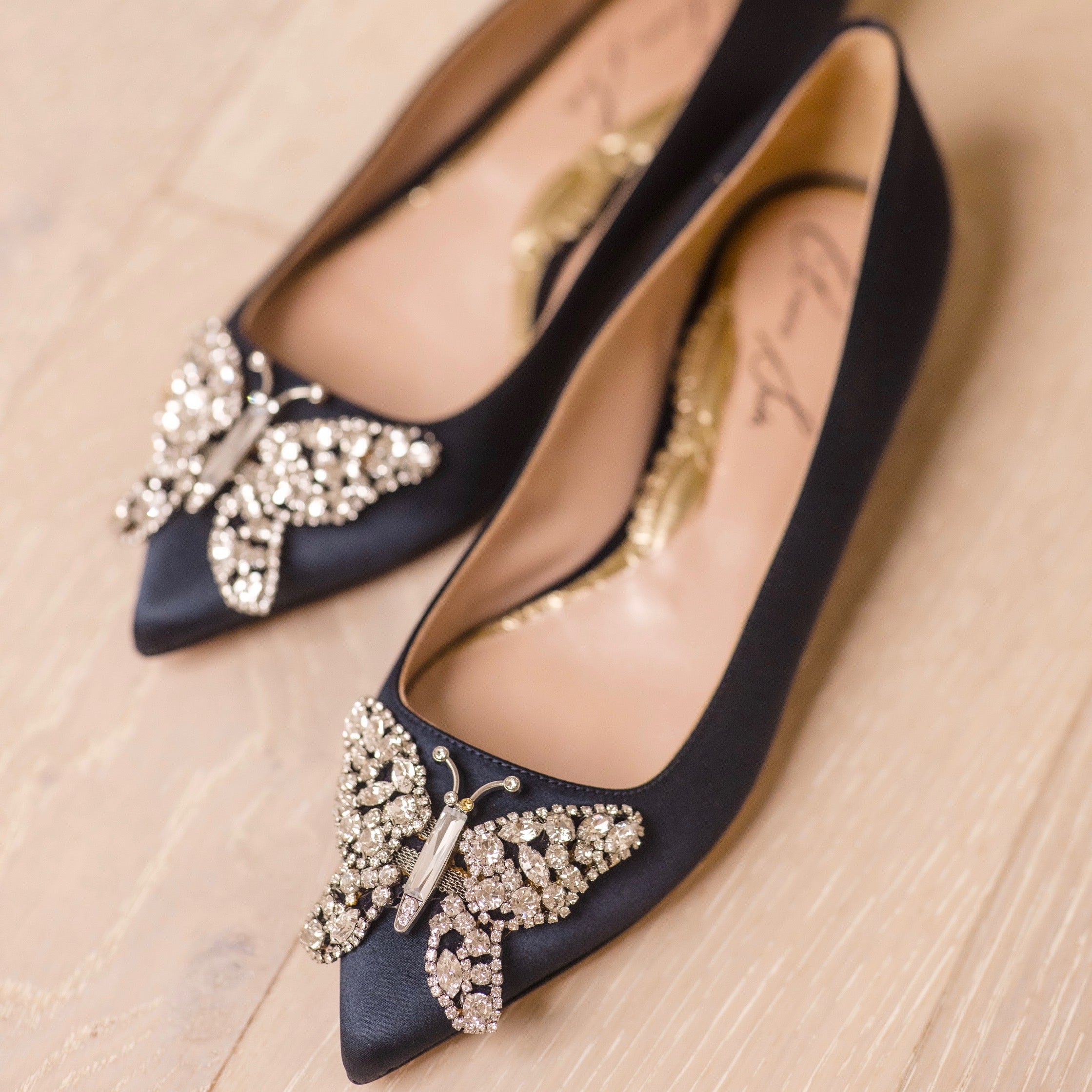 Eliana Butterfly Pointy Flats Navy Blue Satin