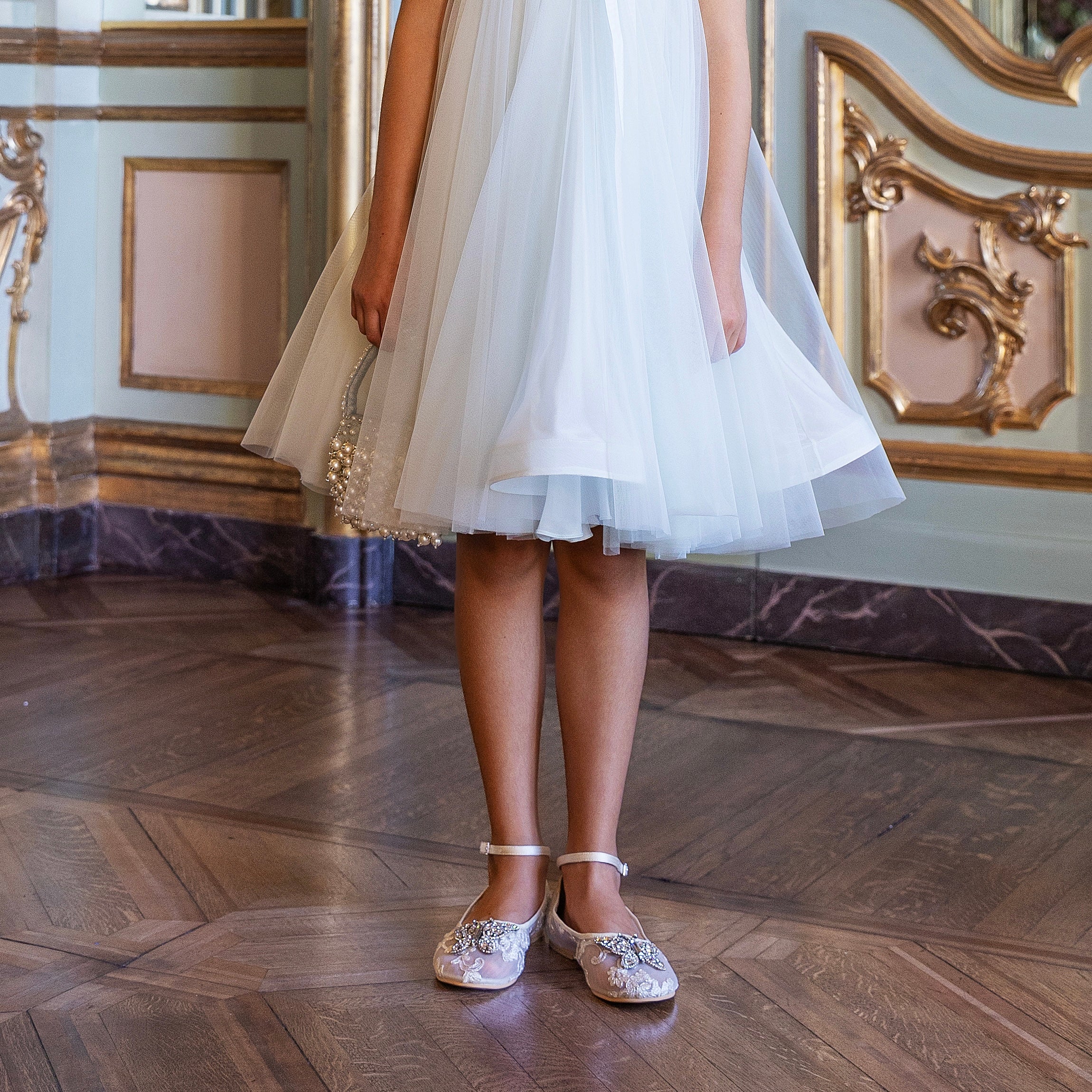 Ivory lace flower girl shoes perfect for first communion and weddings, handcrafted with delicate Chantilly lace and satin for a luxurious, elegant finish.