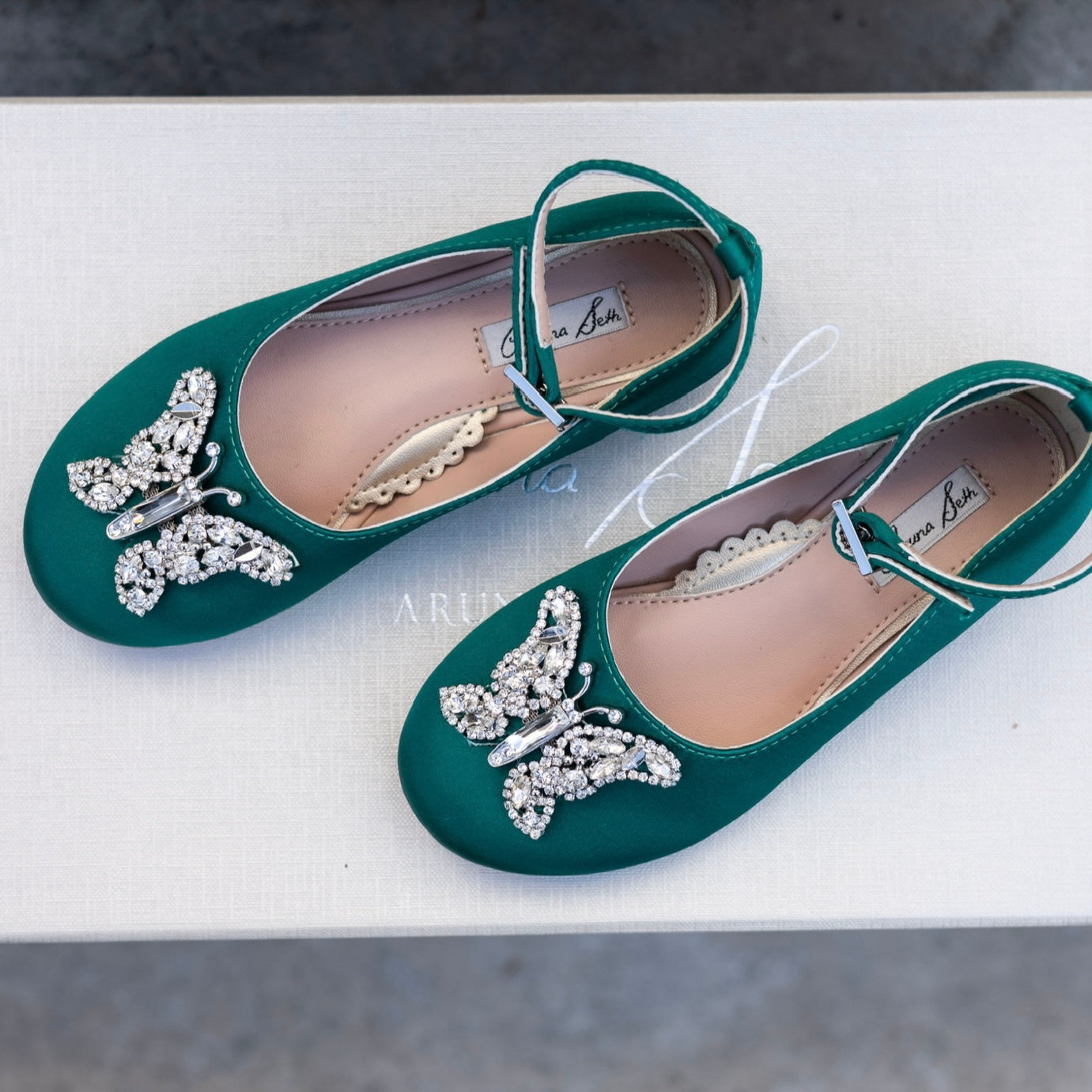 Angelina Butterfly Girls Shoes Emerald Green Satin