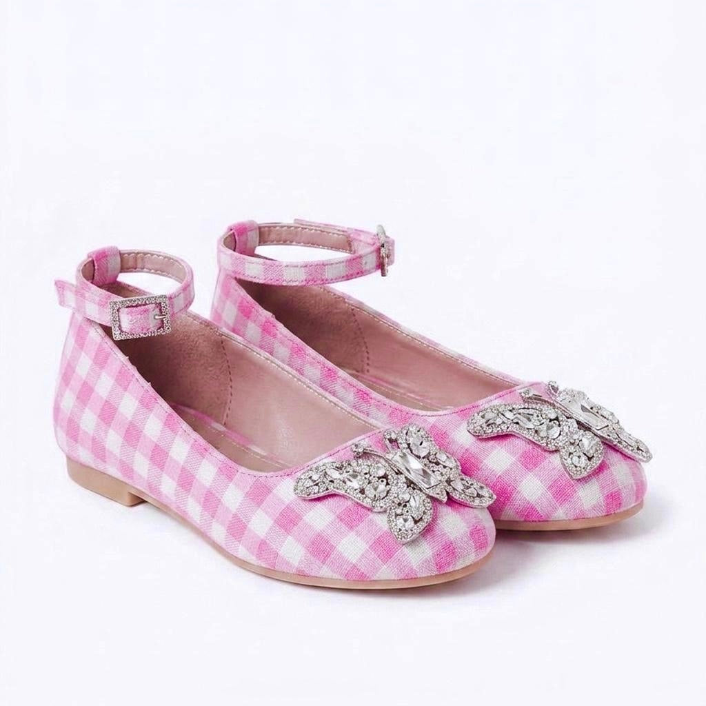 ANGELINA BUTTERFLY GIRLS ROSE SHOES PINK GINGHAM