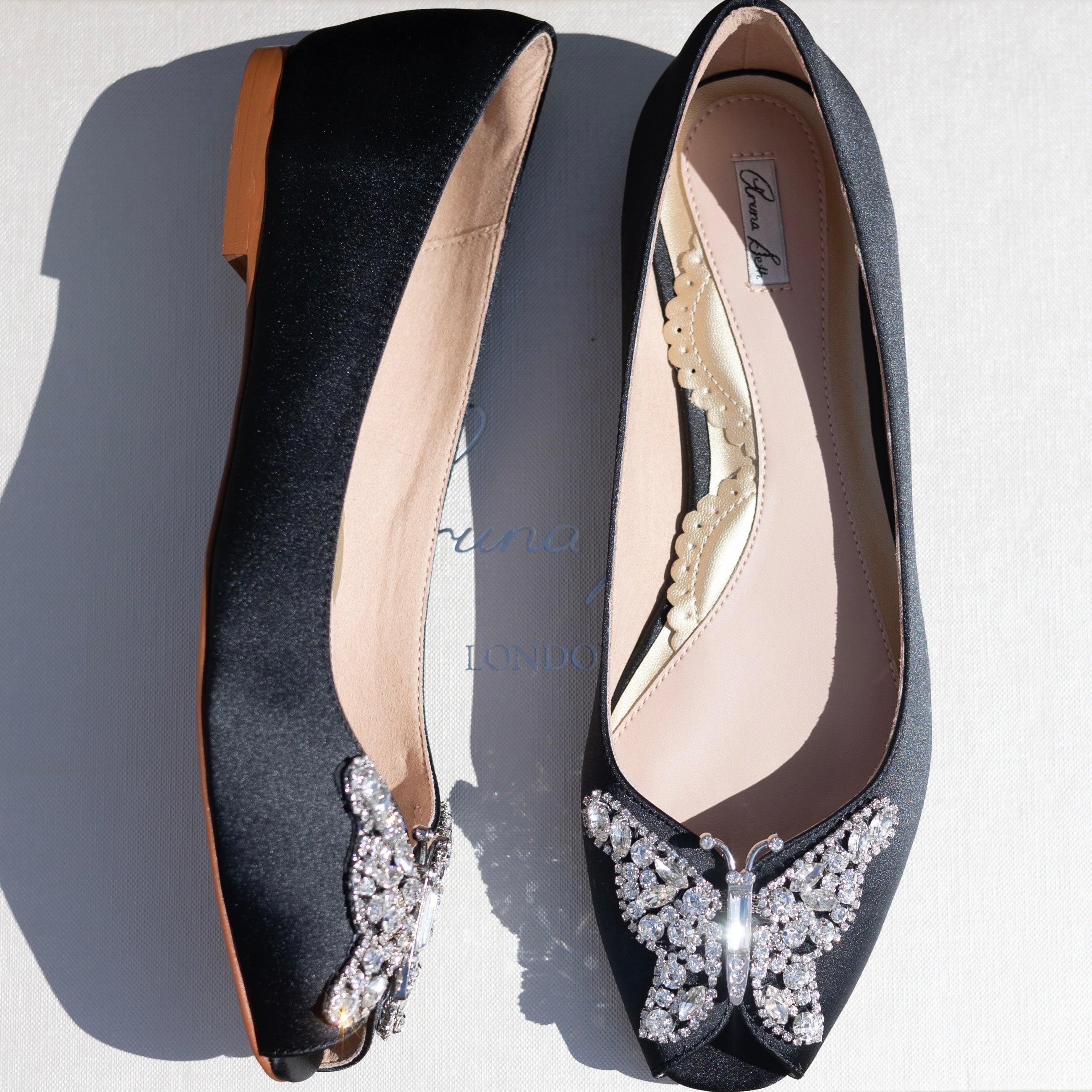 Liana Butterfly Open Toe Flats Black Satin Ballerinas