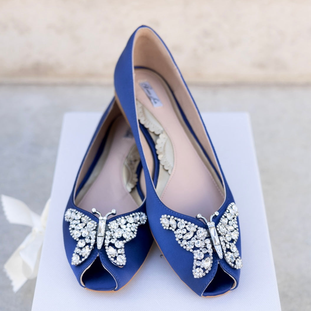 LIANA BUTTERFLY OPEN TOE FLATS NAVY SATIN BALLERINAS