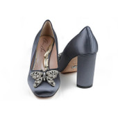 Annabel Butterfly Block Heels Charcoal Grey Satin