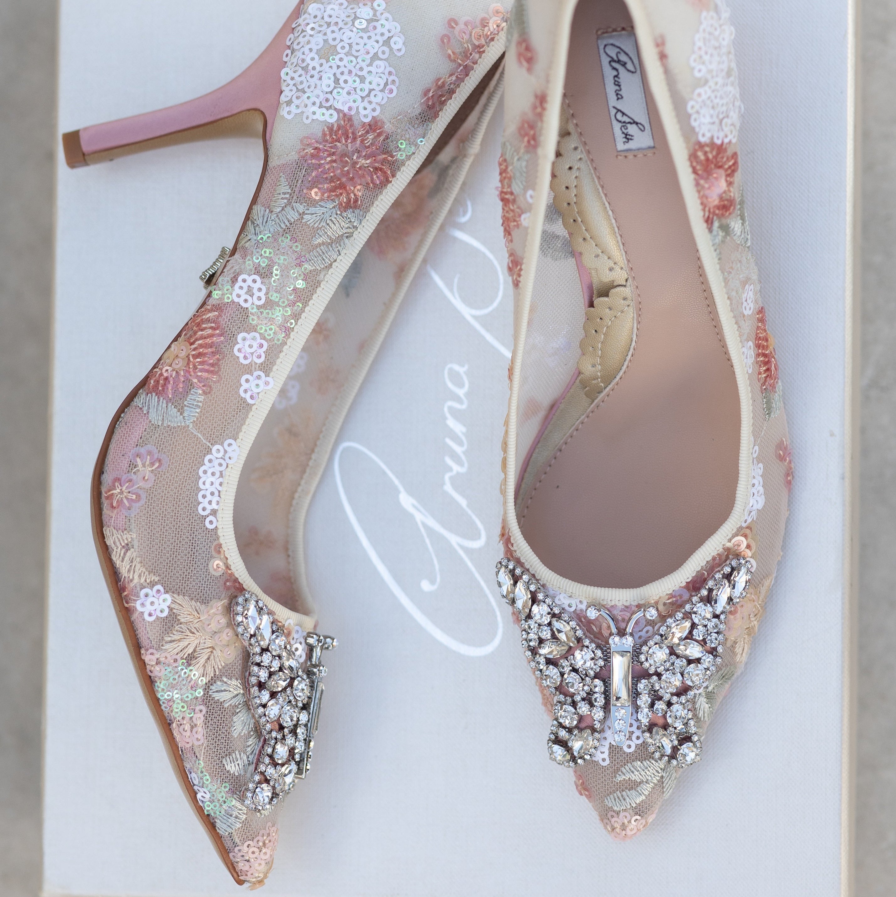 Emilia Butterfly Heels Beaded Floral Lace