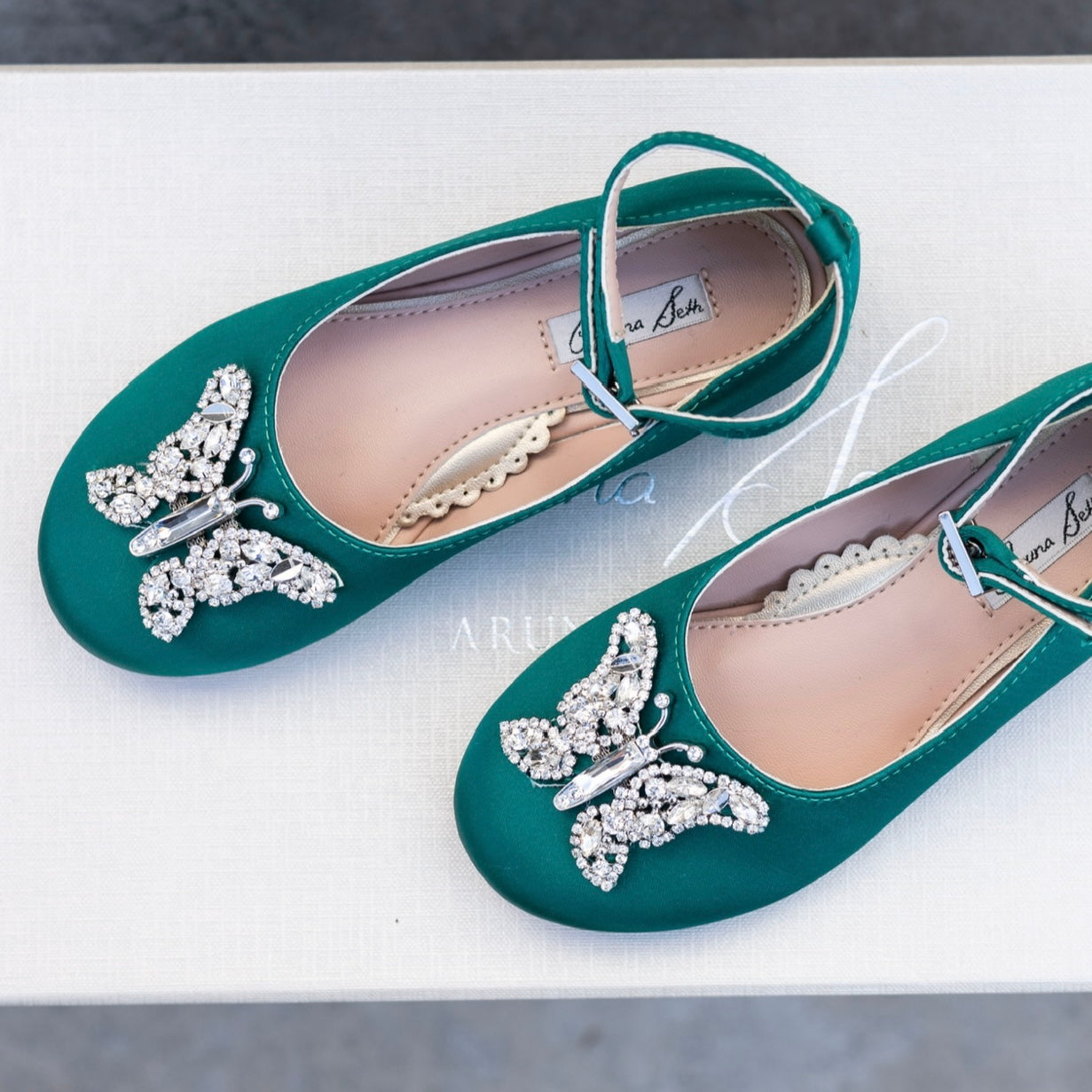 Angelina Butterfly Girls Shoes Emerald Green Satin