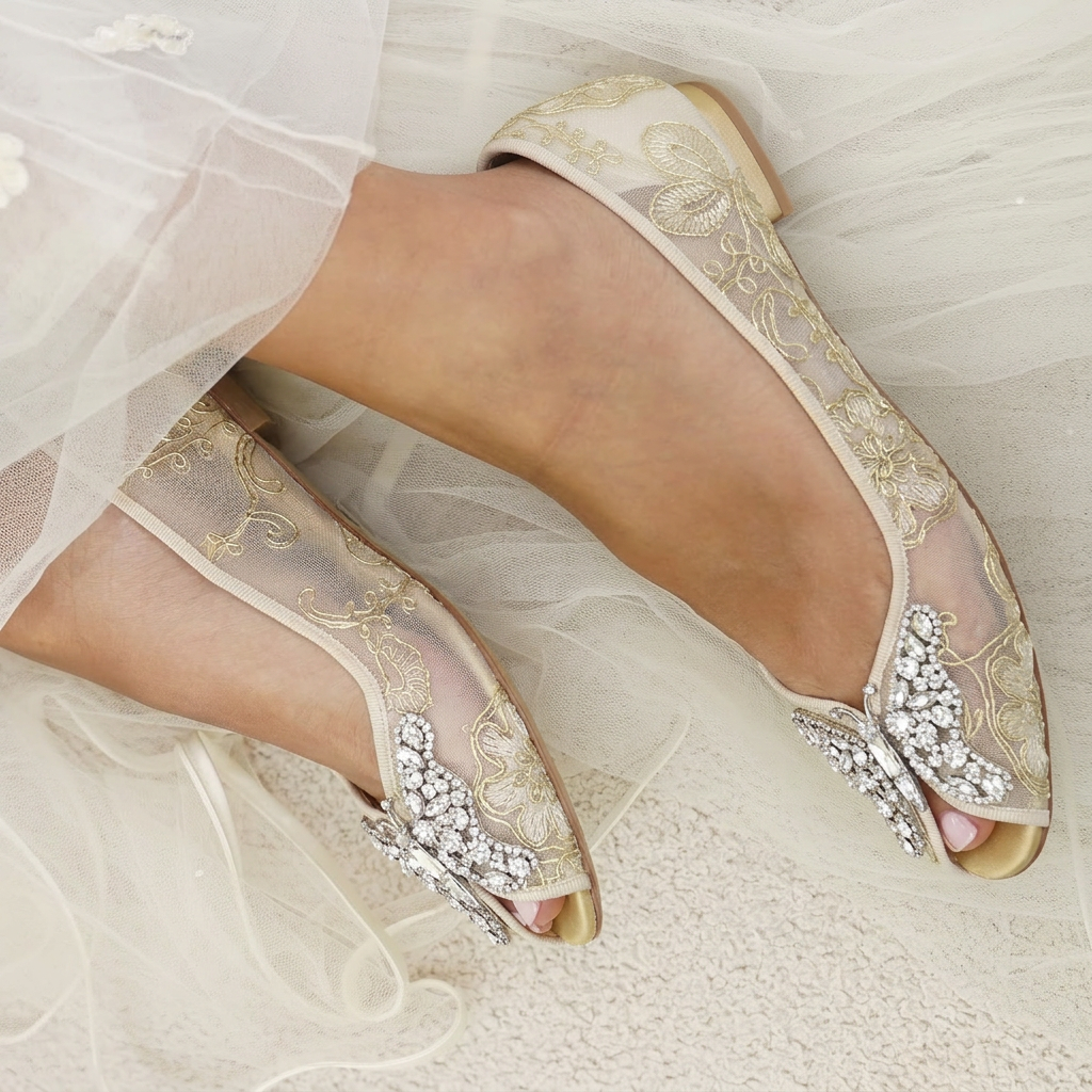LIANA BUTTERFLY OPEN TOE FLATS GOLD LACE