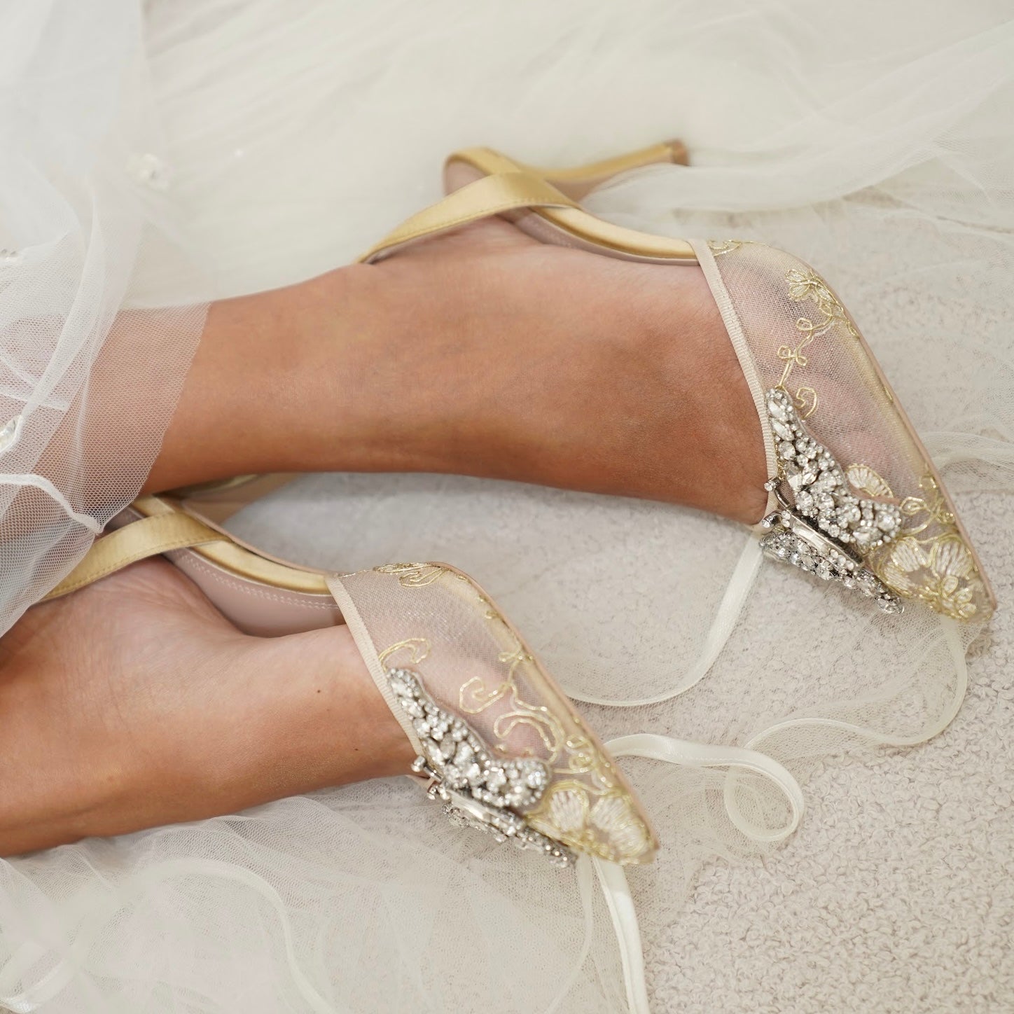 LOVE BUTTERFLY SLINGBACK HEELS GOLD LACE