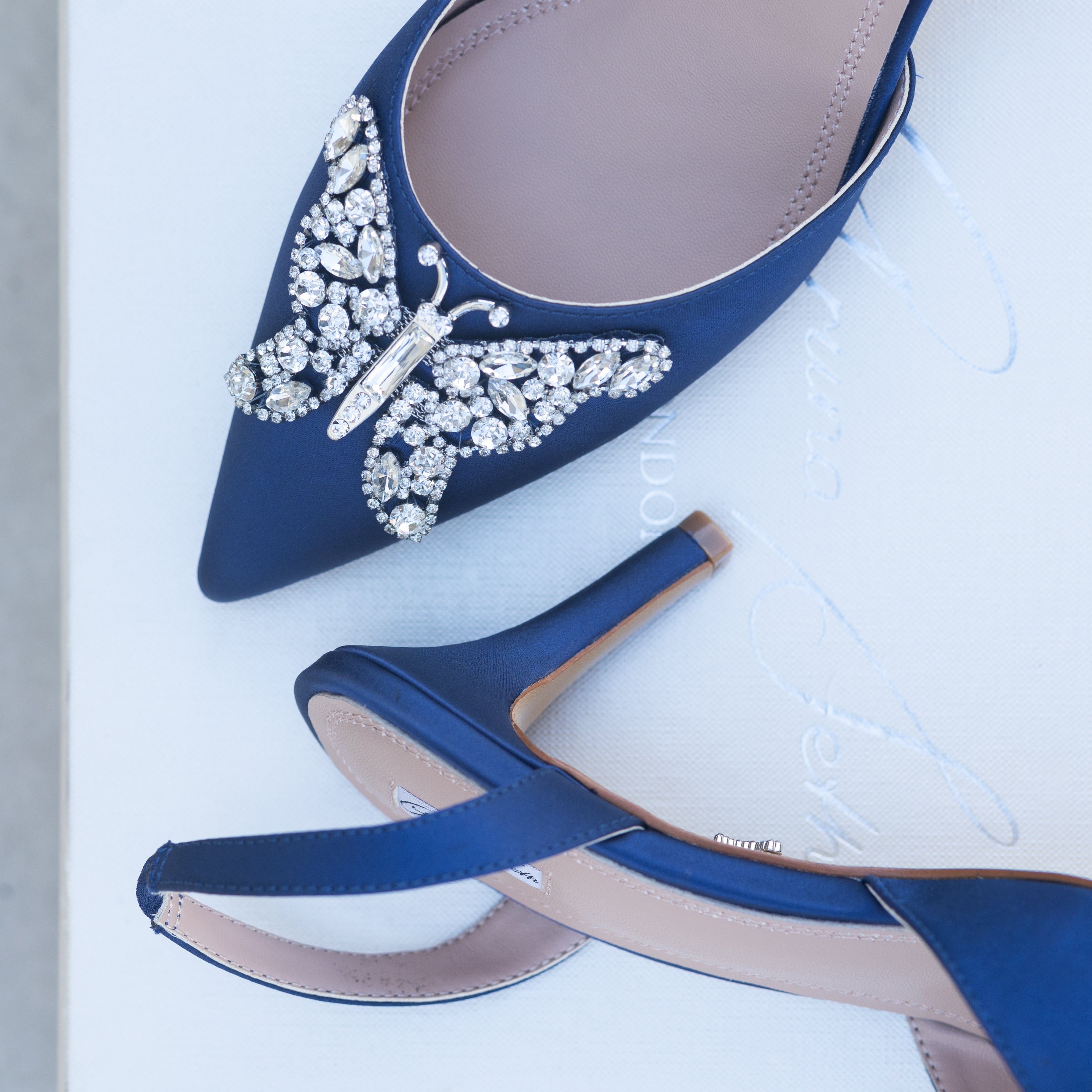 Love Butterfly Slingback Heels Navy Blue Satin