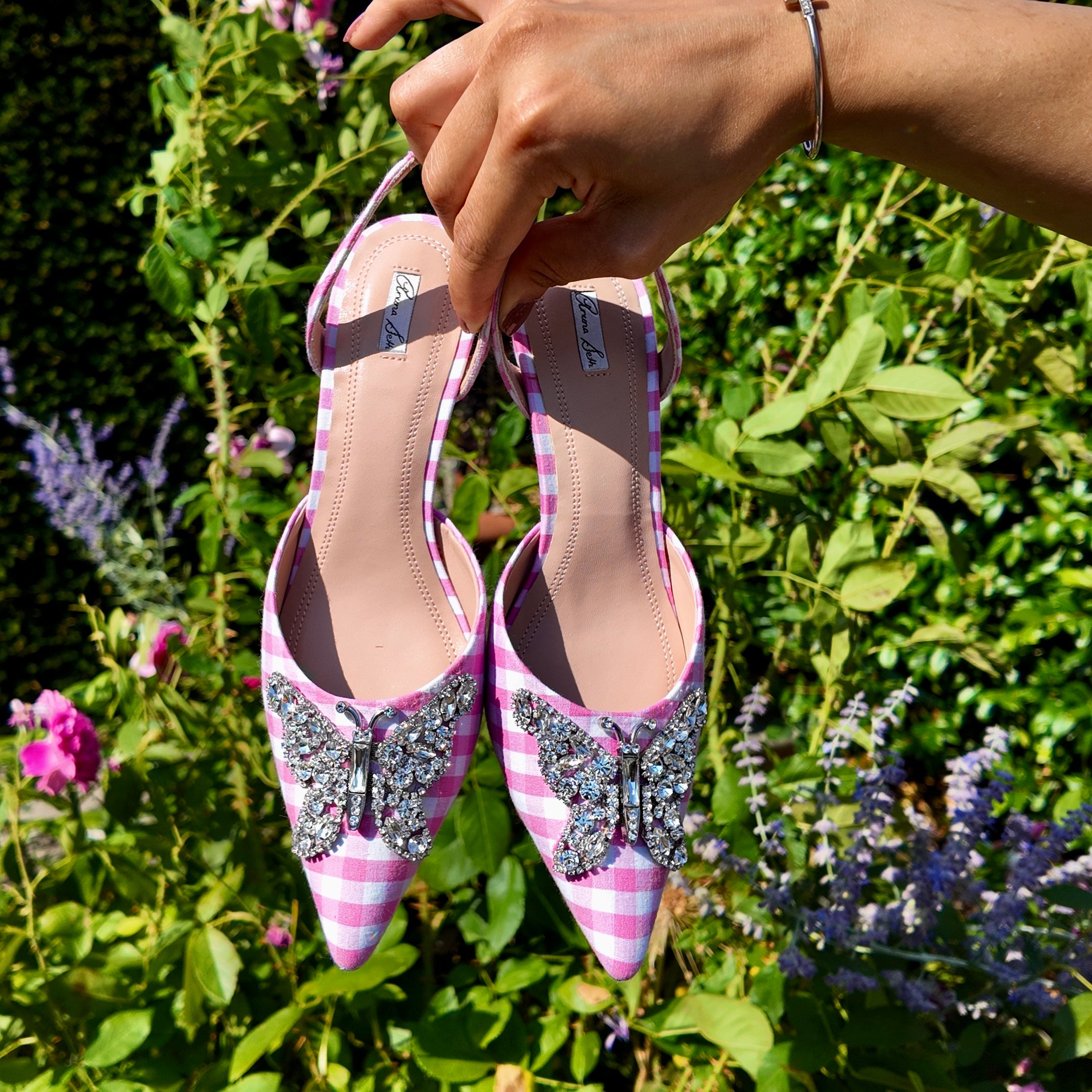 LOVE BUTTERFLY SLINGBACK HEELS PINK GINGHAM