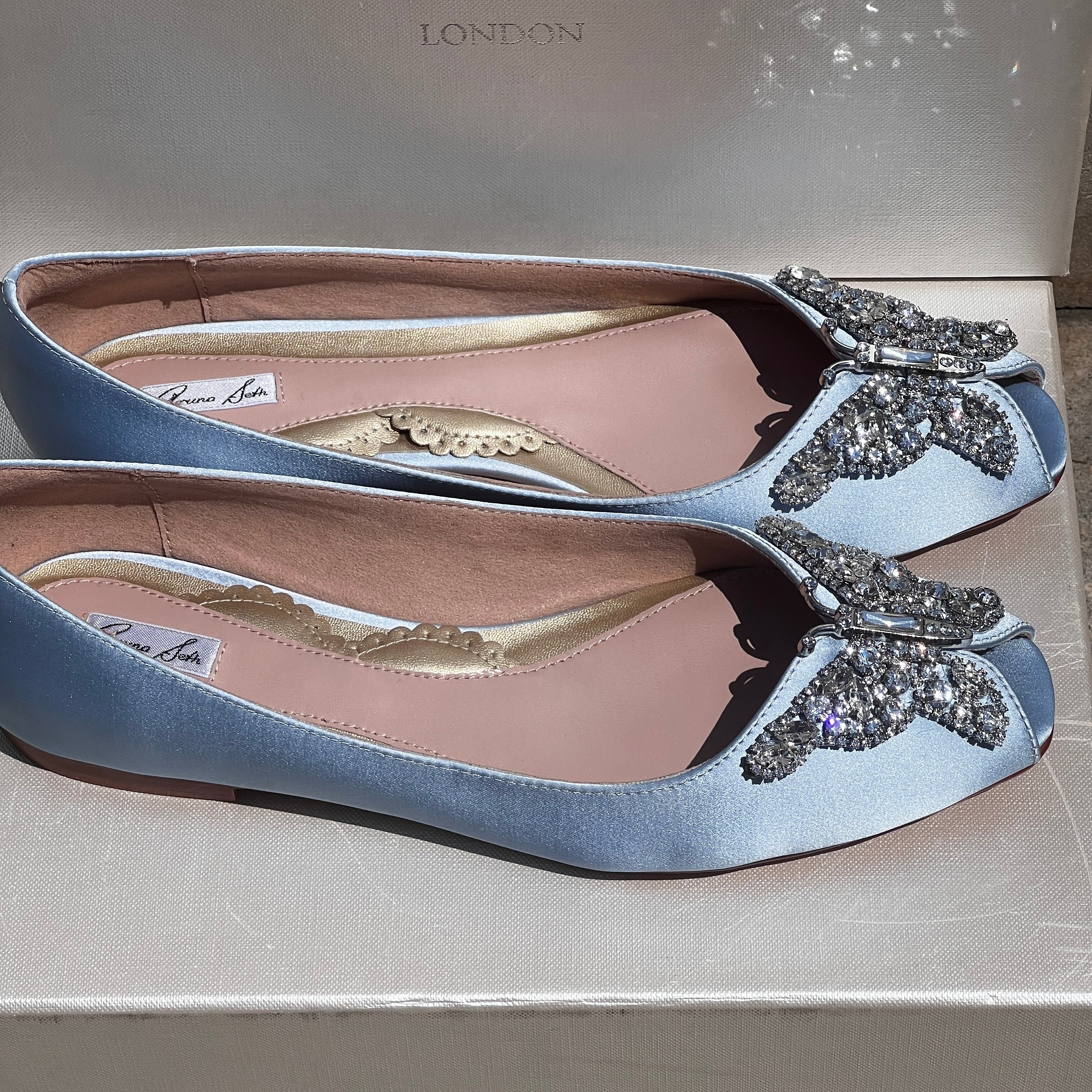 LIANA BUTTERFLY OPEN TOE FLATS POWDER BLUE SATIN