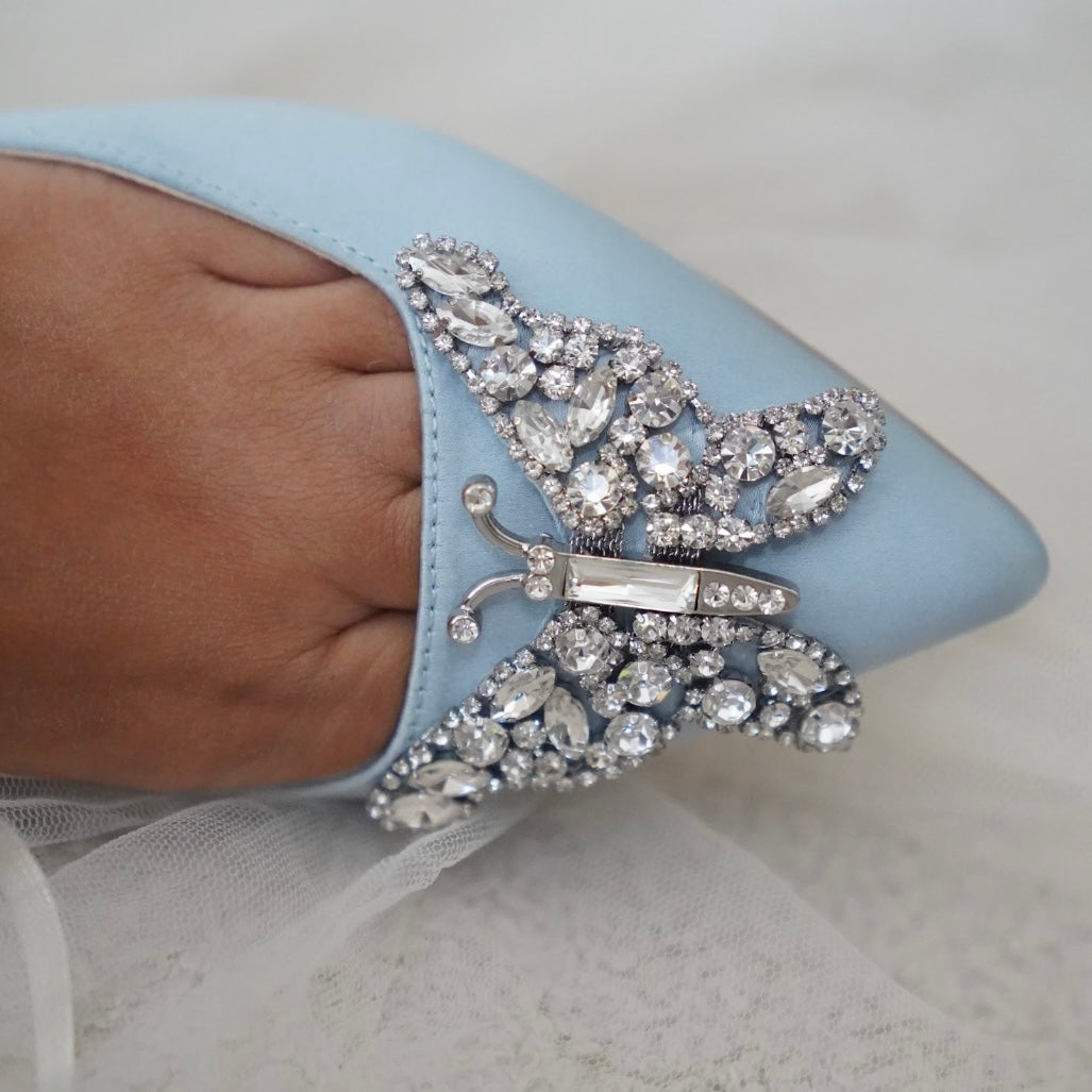 ELIANA BUTTERFLY POINTY FLATS POWDER BLUE SATIN