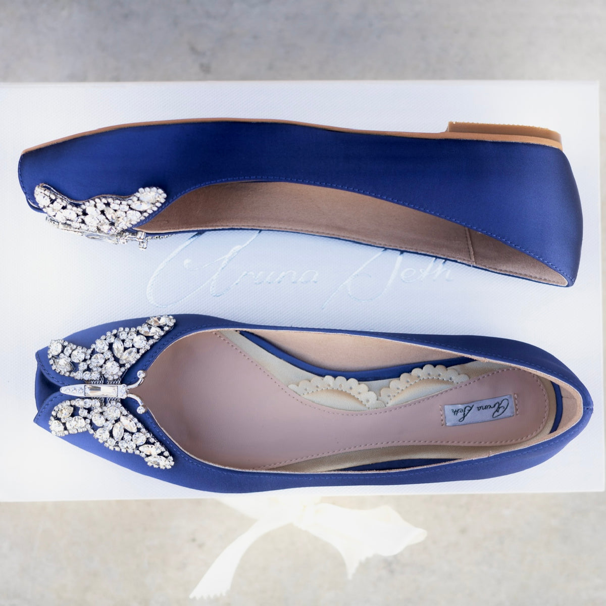 LIANA BUTTERFLY OPEN TOE FLATS NAVY SATIN BALLERINAS