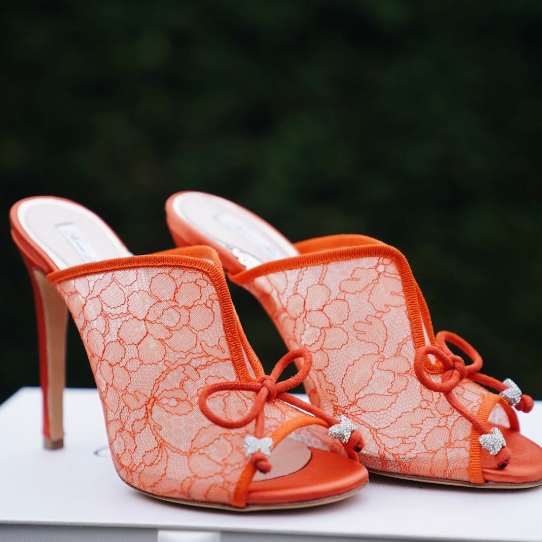 Kaia Mango Orange Lace Slip-On Mules