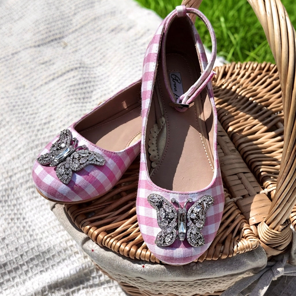 ANGELINA BUTTERFLY GIRLS ROSE SHOES PINK GINGHAM