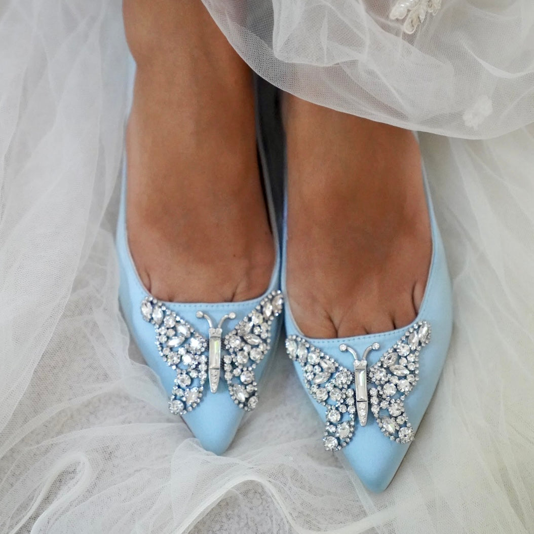 ELIANA BUTTERFLY POINTY FLATS POWDER BLUE SATIN