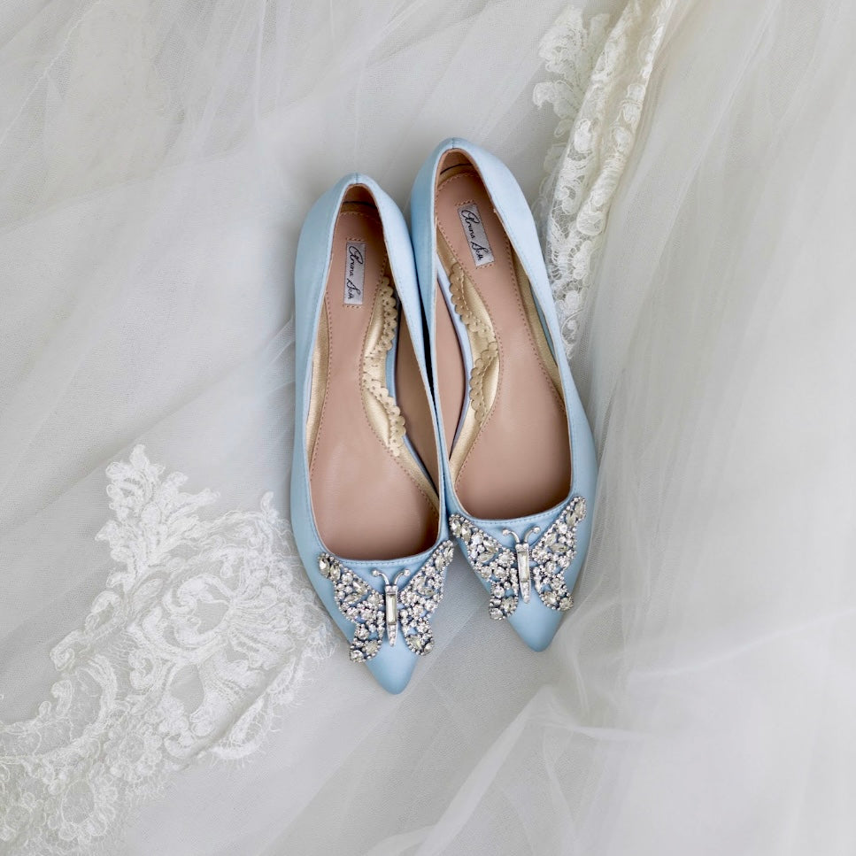 ELIANA BUTTERFLY POINTY FLATS POWDER BLUE SATIN